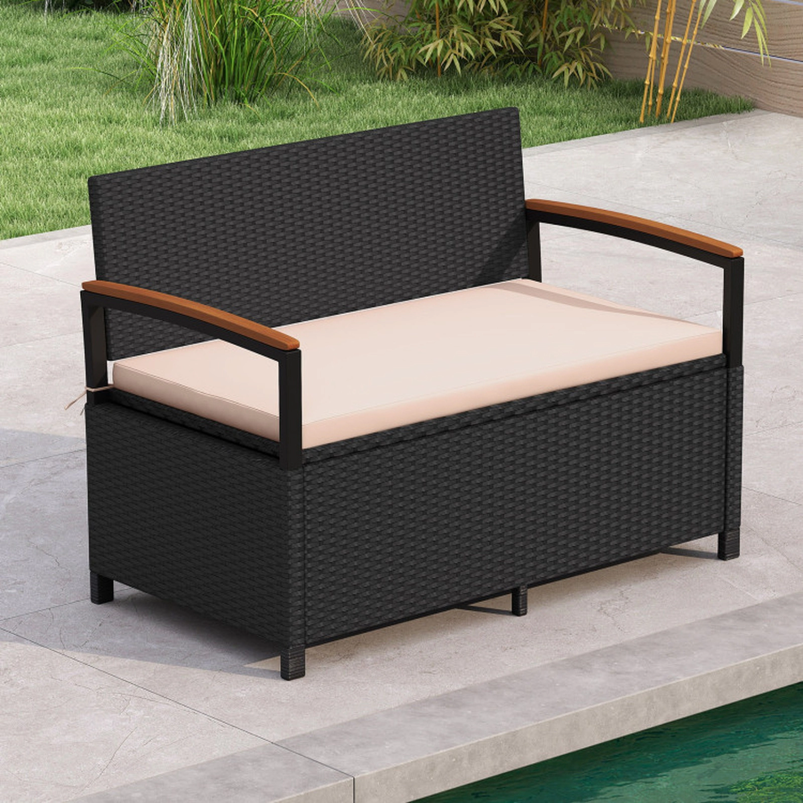 SUGIFT 46-Gal 800-lb Capacity 2-Person PE Wicker Rattan Outdoor Patio Storage Bench Deck Box with Cushion