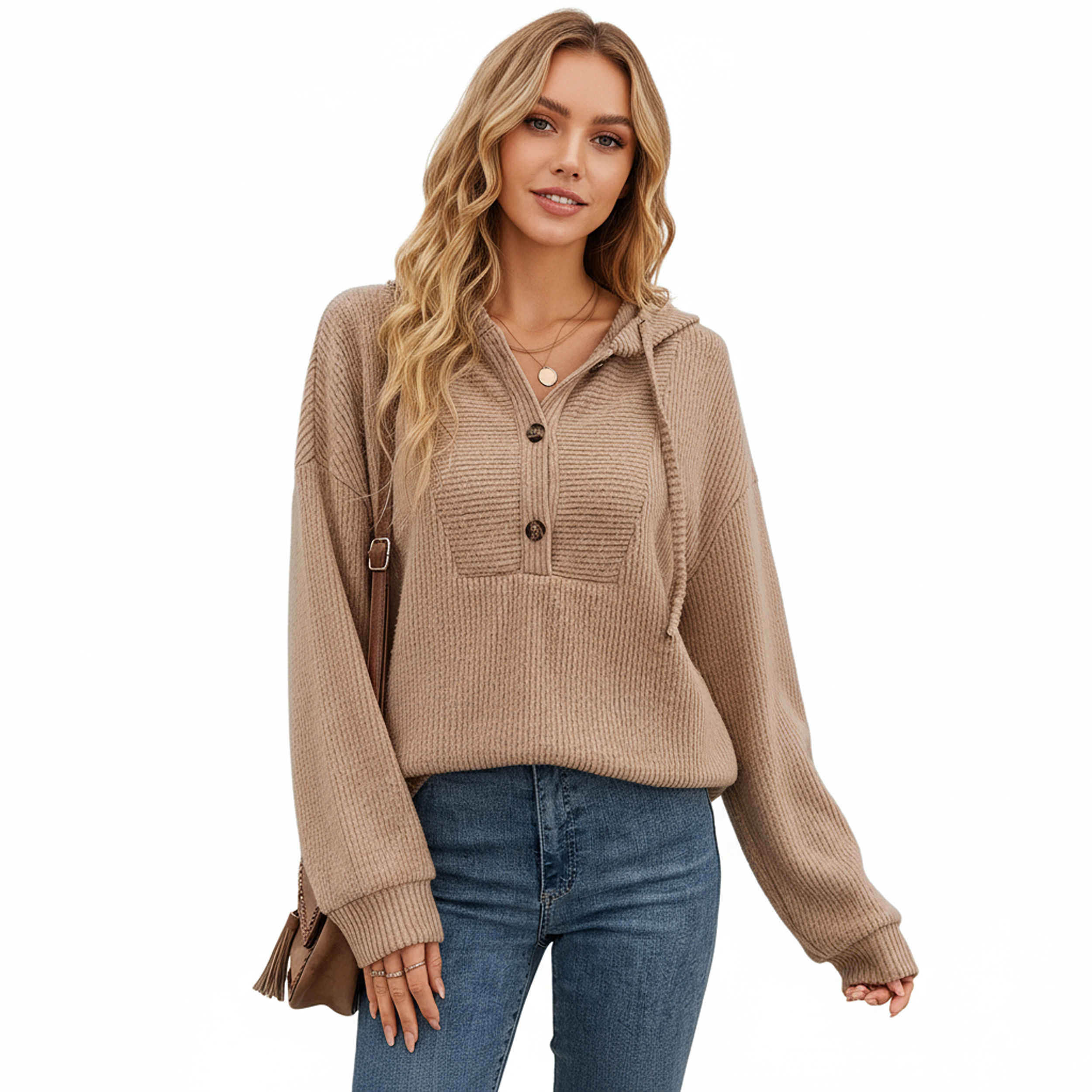 Anna-Kaci Women's Ribbed Knit Long Sleeve Hoodie Top with Button Front Placket
