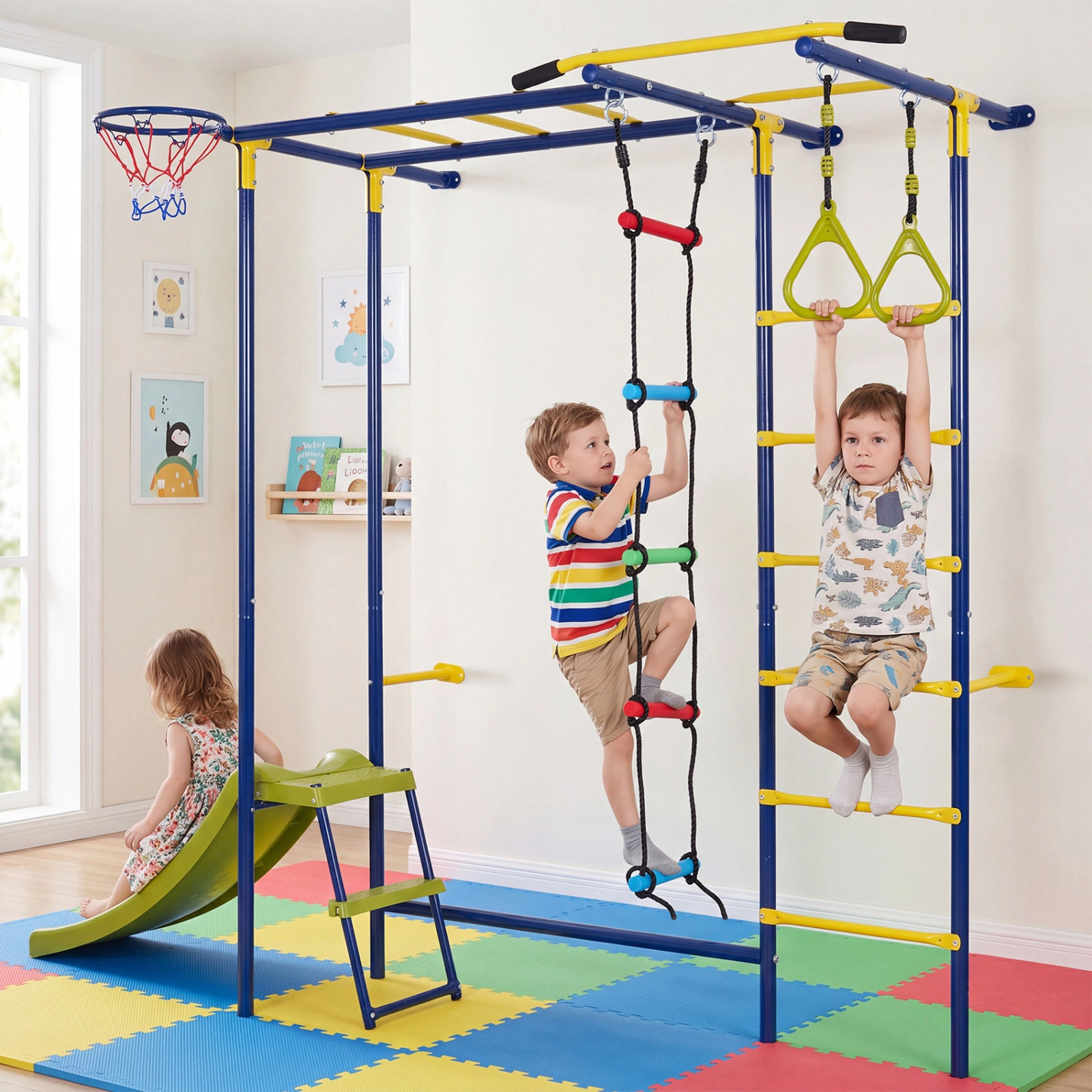SUGIFT 7-in-1 Wall-Mounted Ladder Climber Playset with Monkey Bars Slide Rings and Rope Ladder Green Blue Yellow Red