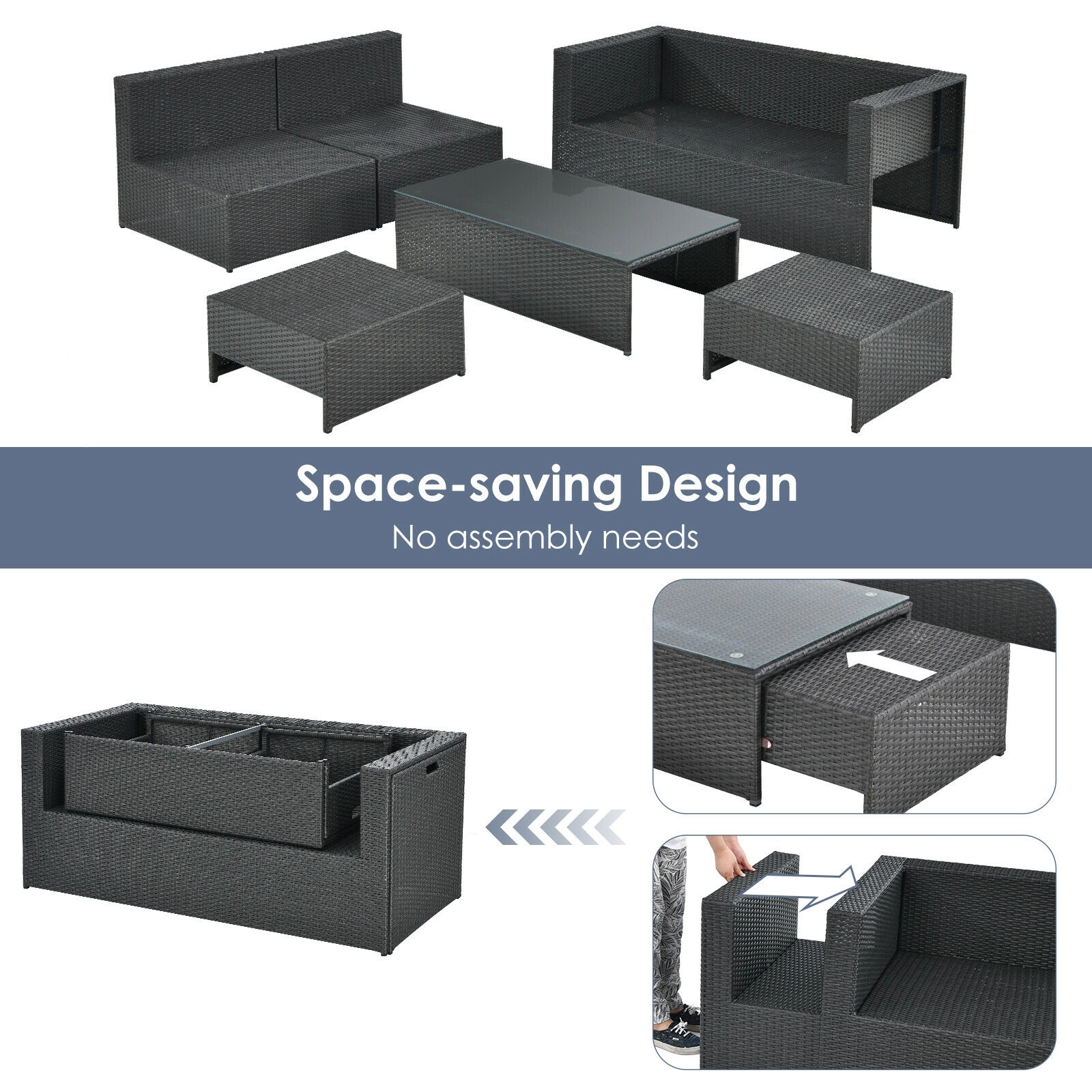 LJG 6 Pieces Patio Rattan Furniture Set with Glass Table and Cushioned Seat