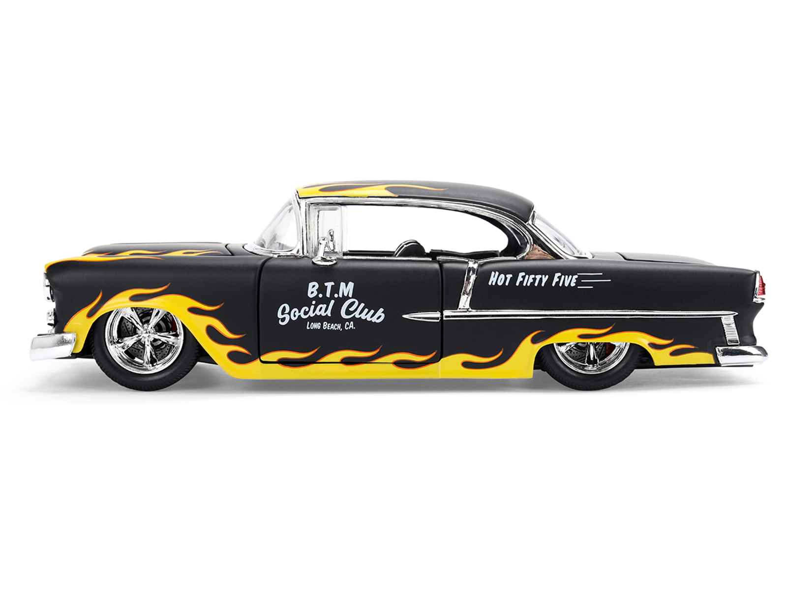 Jada 1955 Chevrolet Bel Air "BTM Social Club" Matt Black with Flames "Bigtime Muscle" Series 1/24 Diecast
