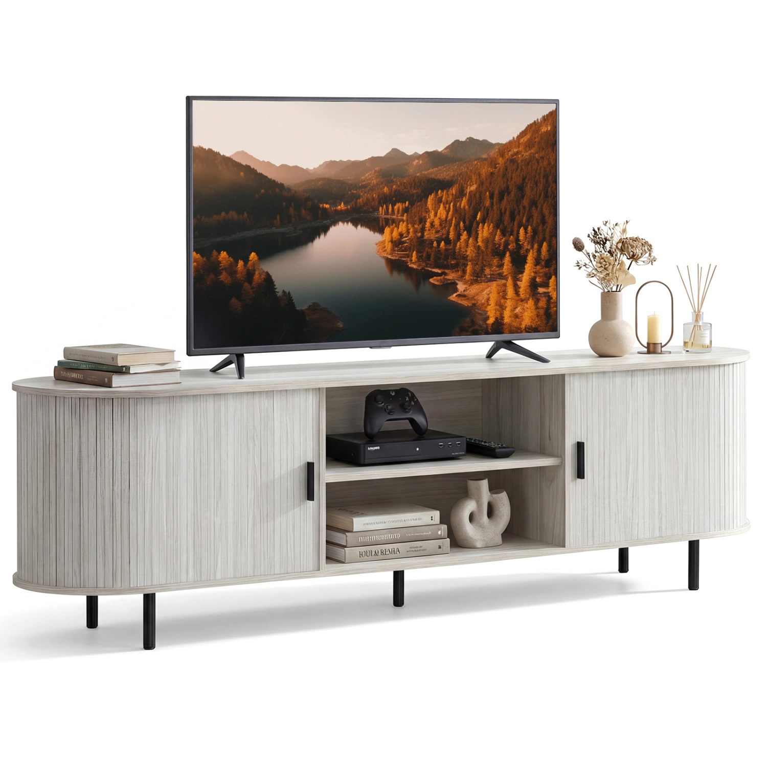 LJG TV Stand for 80 Inch TVs Mid Century Modern Entertainment Center with Fluted Sliding Doors