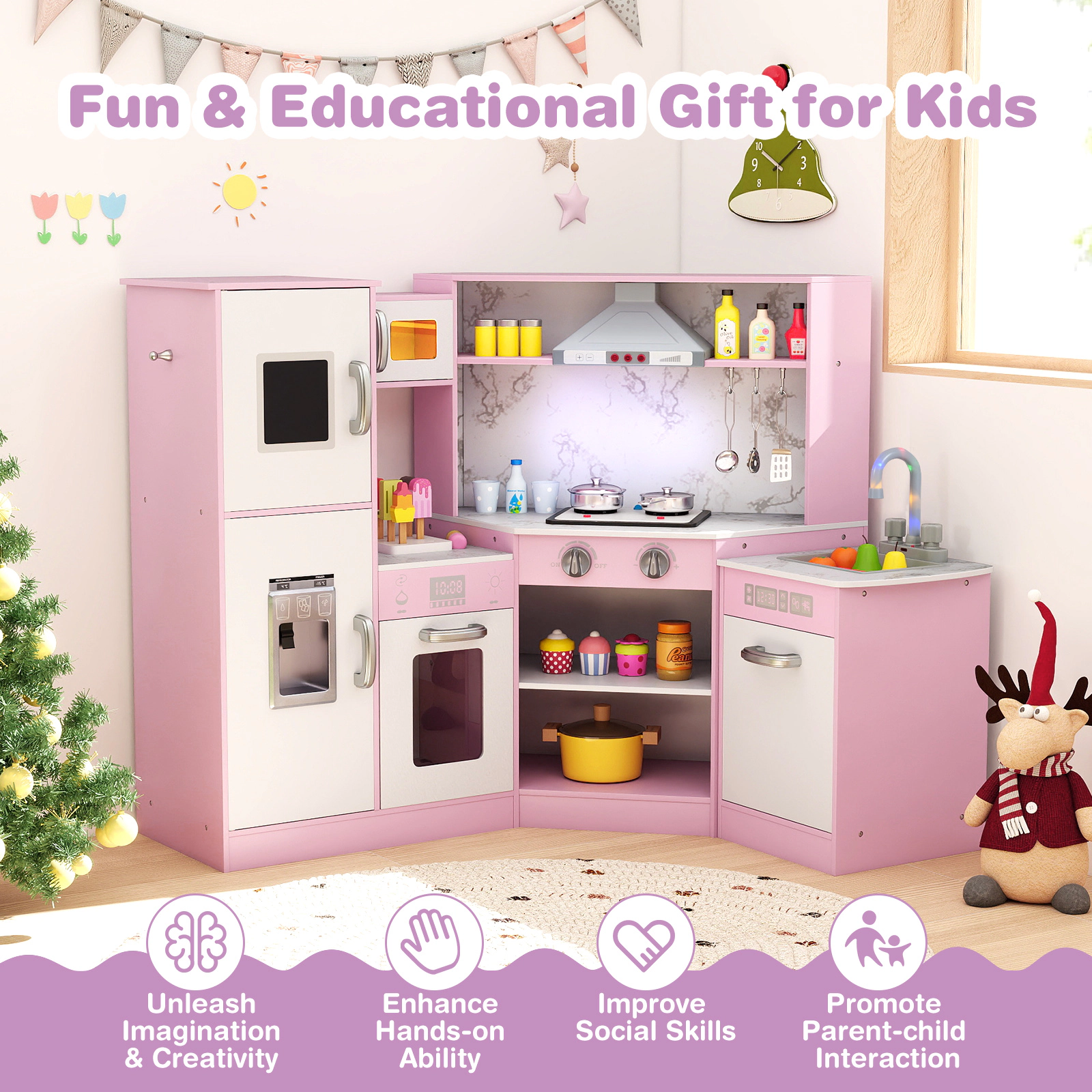 Corner Pretend Play Kitchen for Toddlers Chef Hat Apron Rotary Faucet Basin 17.5-in Countertop 39.5-in x 19.5-in x 32-in