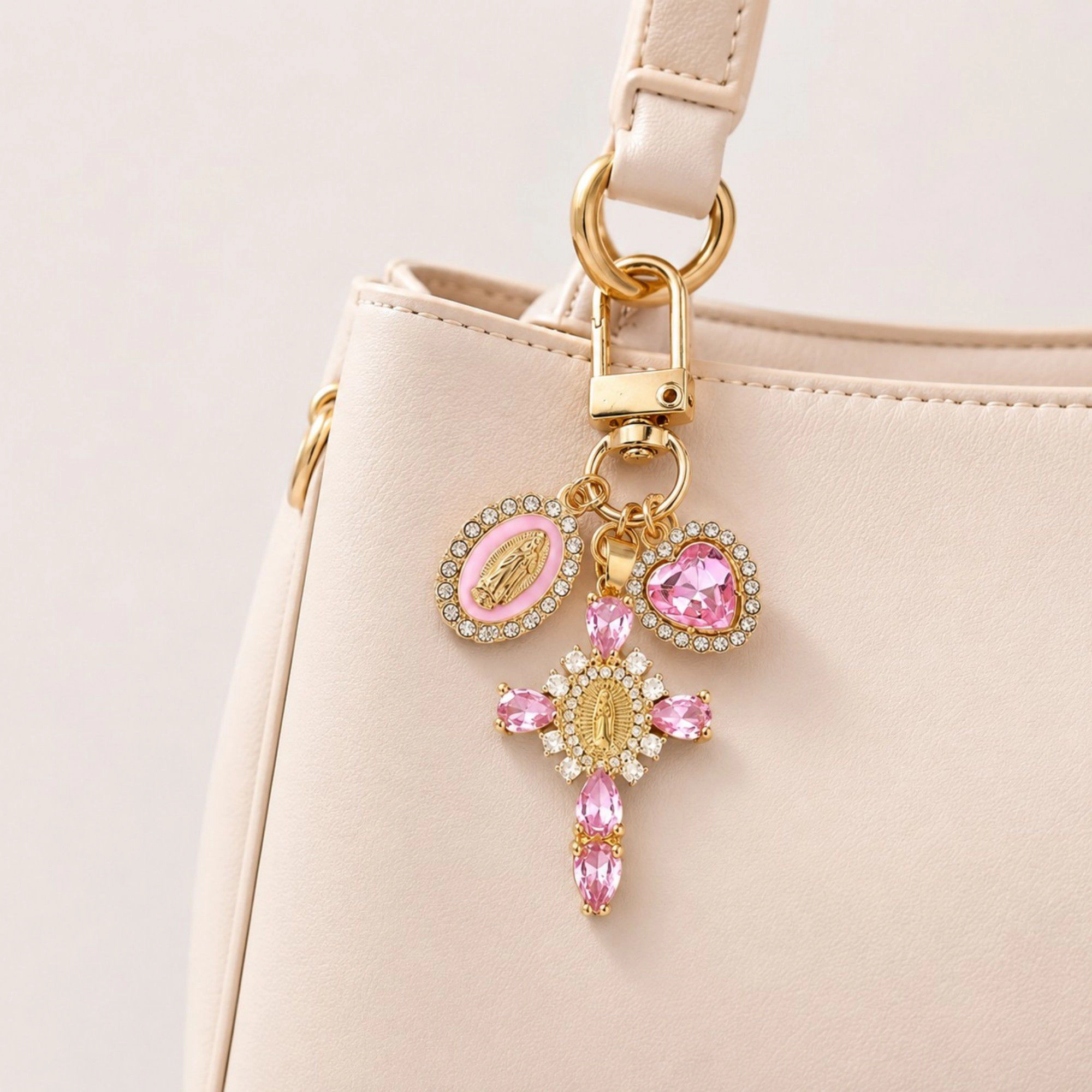 Alilang Women's 3pc Cross Keychain Bag Charm with Rhinestone Heart Pendant and Medallion Accent