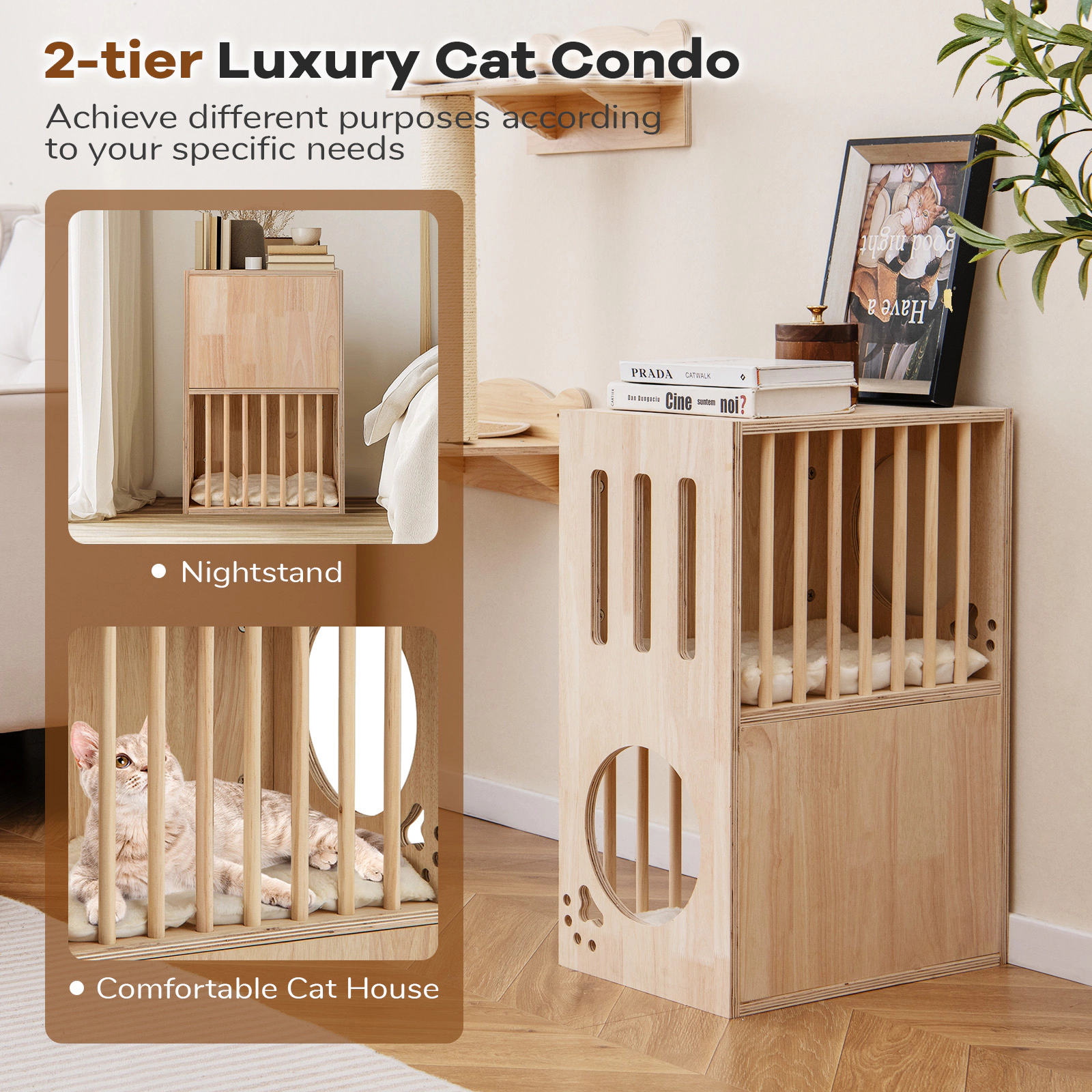 SUGIFT 17 x 25.5-in 33-lb Layer Capacity Natural 2-Tier Wooden Cat Condo House with 2 Removable Cushions