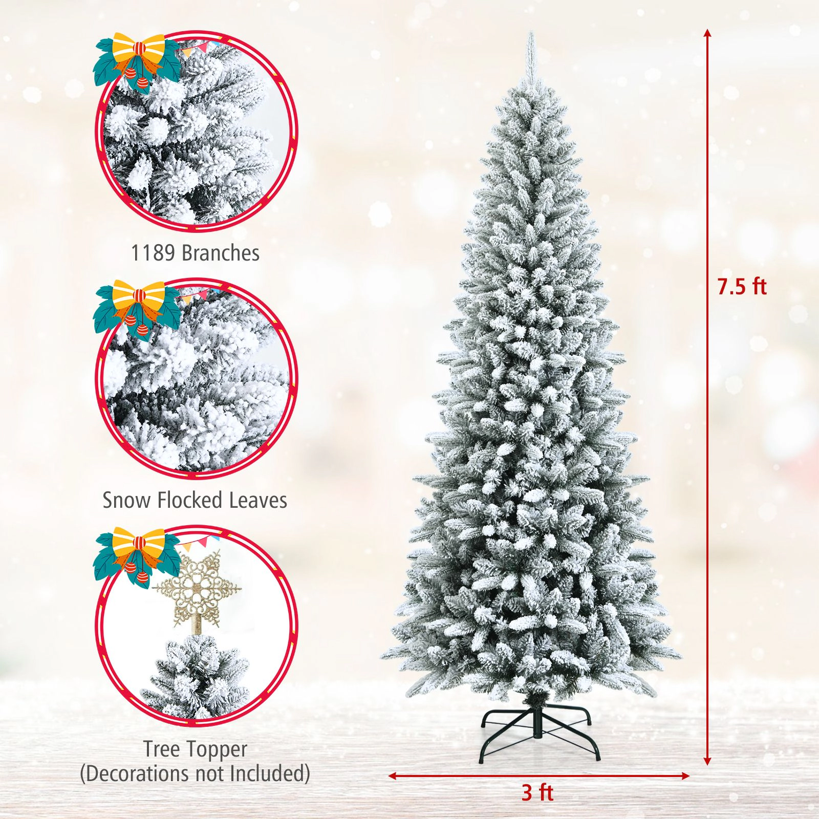 SlickBlue Narrow Holiday Tree with Snowy Branches for Indoor Seasonal Decoration