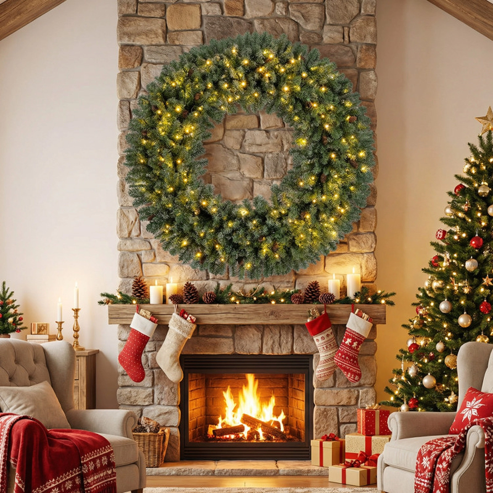 SUGIFT Green 60-in Pre-Lit Artificial Christmas Wreath with 200 Warm White LED Lights and 680 Branch Tips