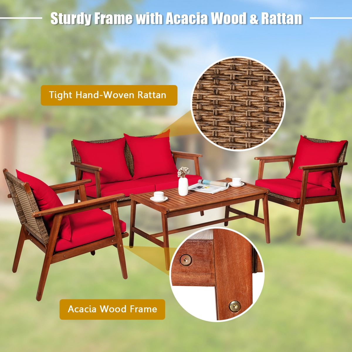SUGIFT Red Coffee Table and Cushions 4-Piece Acacia Wood and Rattan Patio Sofa Set
