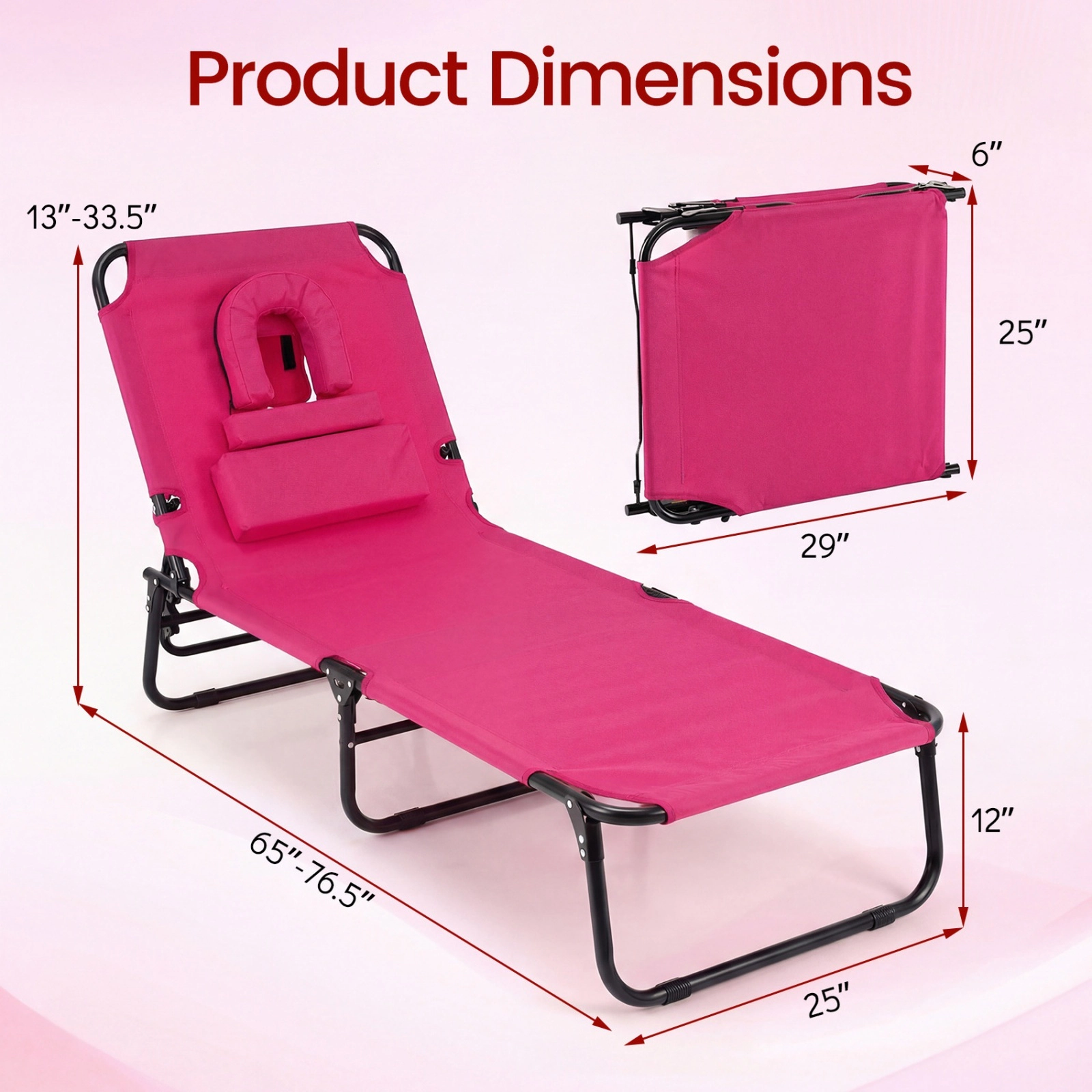 SUGIFT Folding Sunbathing Lounger, Pink, Face Hole, 3 Pillows, 4-Level Recline, 330 lb Capacity
