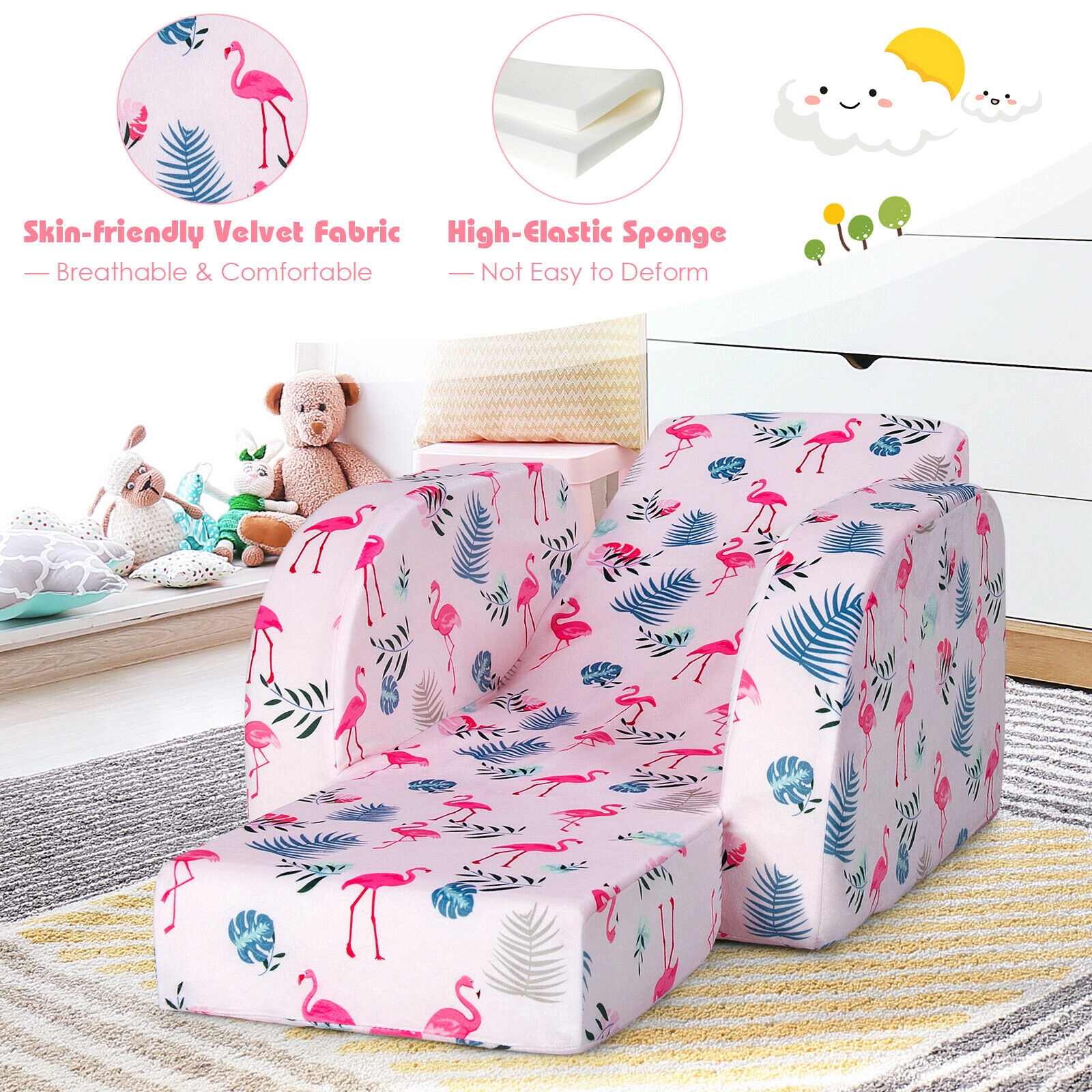 SUGIFT 3-in-1 Convertible Kids Sofa Bed Flip-Out Chair Lounger 66-lb Capacity Under 4 Years Pink