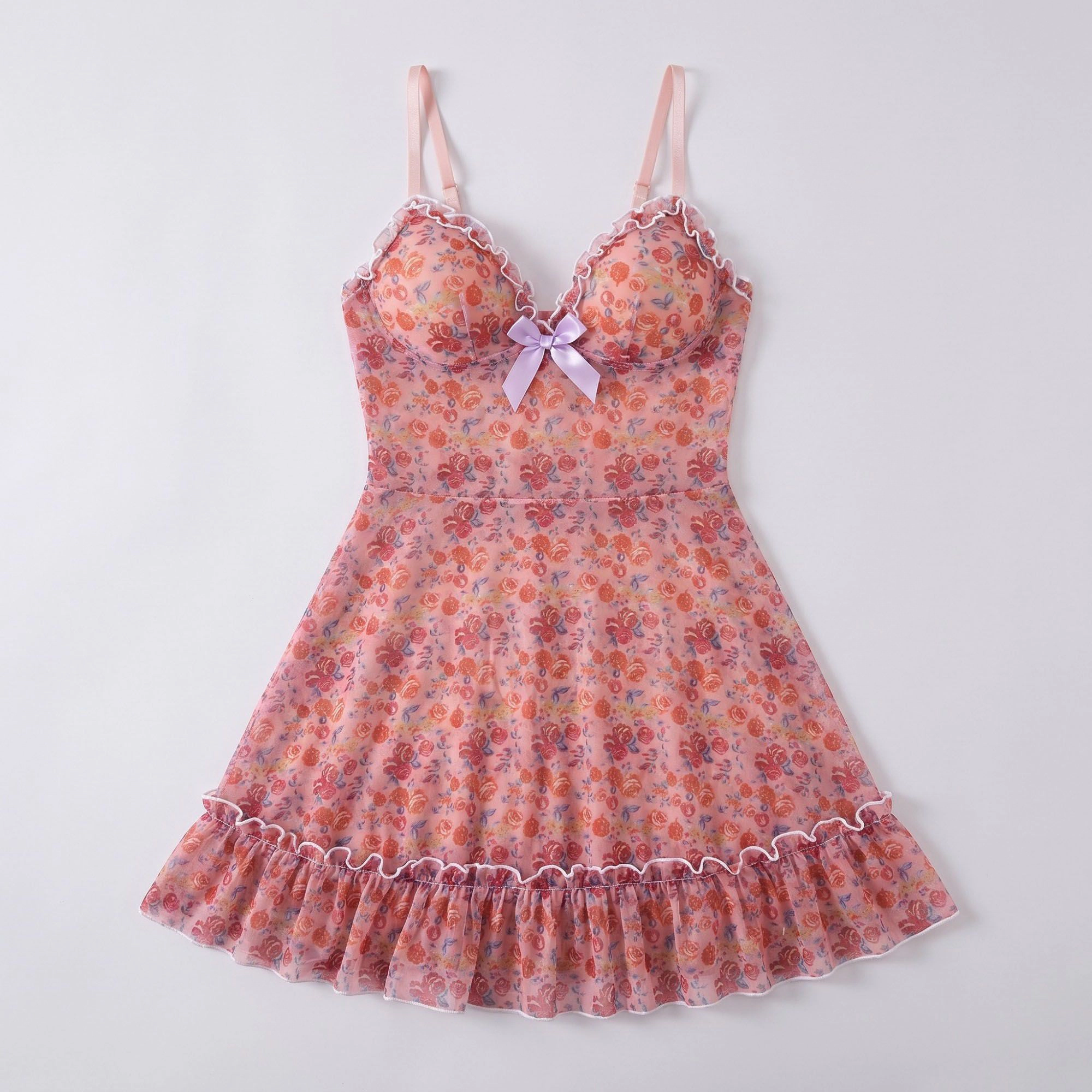 Anna-Kaci Women's Floral Print Mesh Ruffle Chemise Nightgown