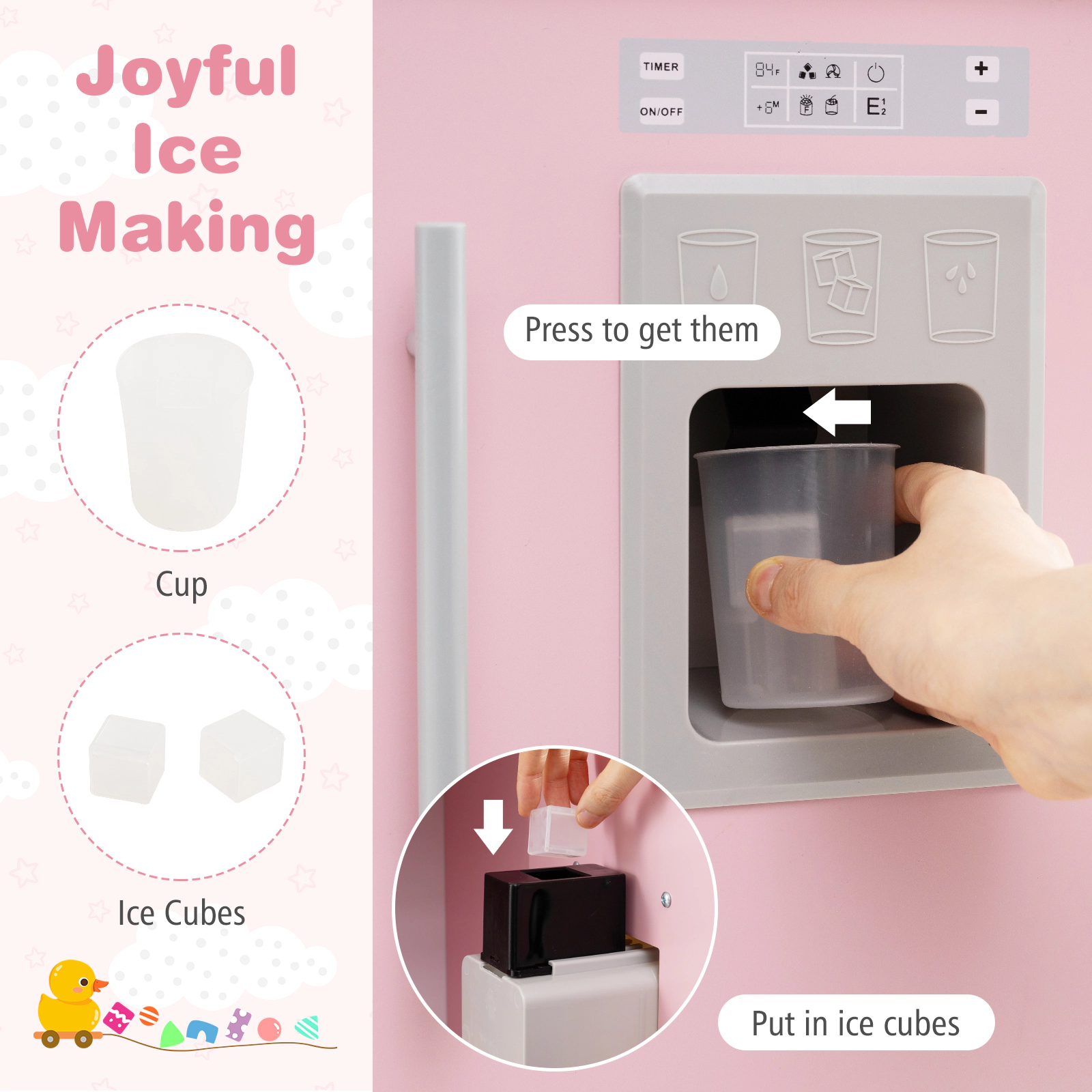 Play Kitchen for Kids 3 Adjustable Heights Ice Maker Microwave Curtains 25-in Wooden Chef Pretend Playset Ages 3+ Pink