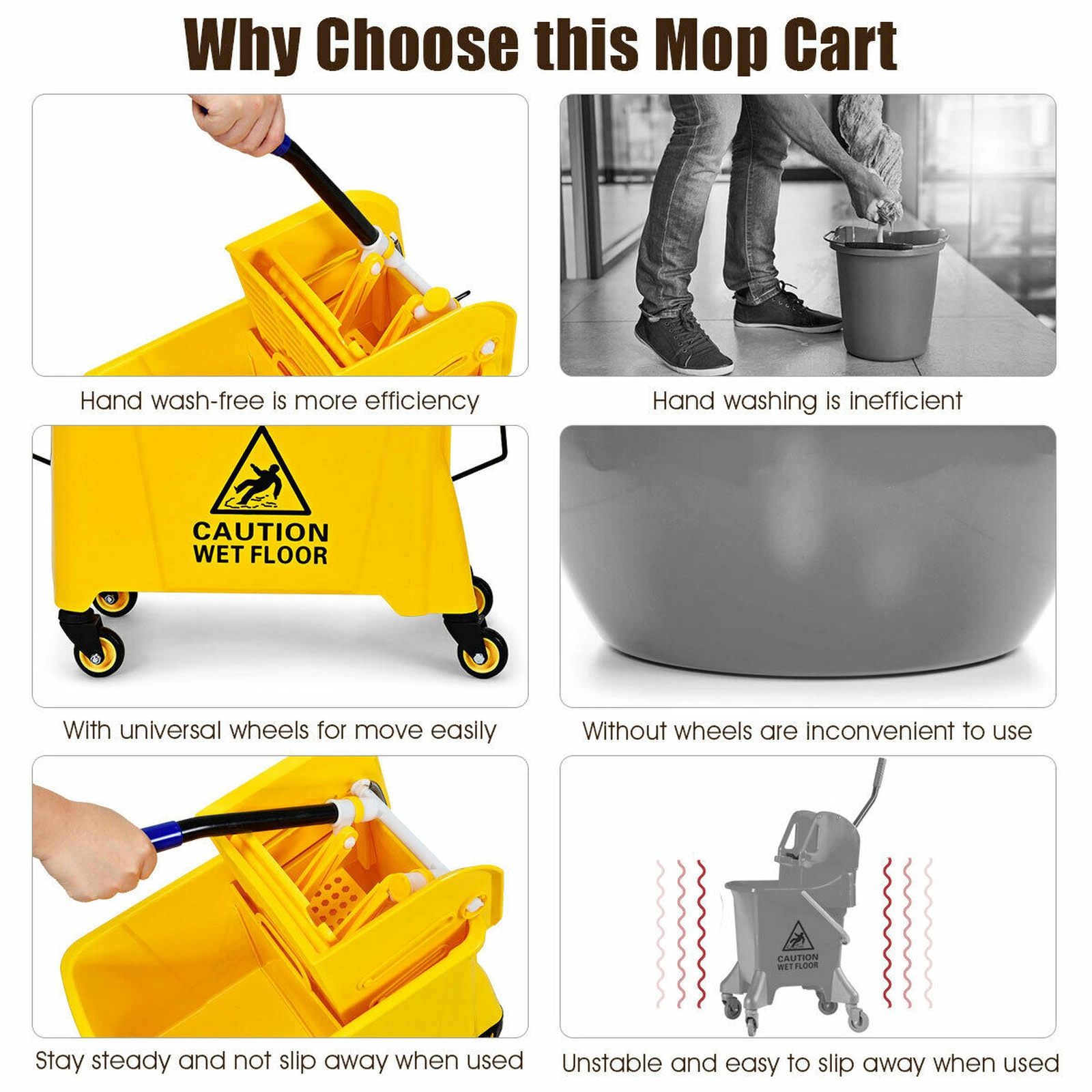 SUGIFT 21-qt Yellow PP Mop Bucket with Press Wringer Water Separation Panel and TPR Swivel Wheels