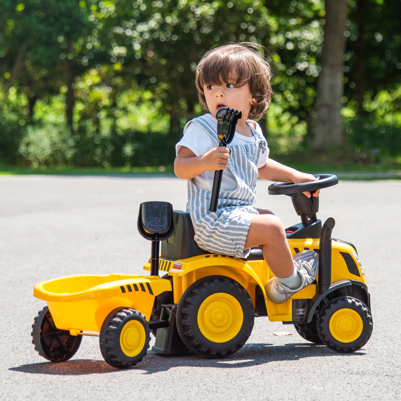 Kids Ride On Tractor Detachable Trailer LED Lights Horn 36.5-in No-Power Toddlers 1.5-3 55-lb Seat Capacity Yellow