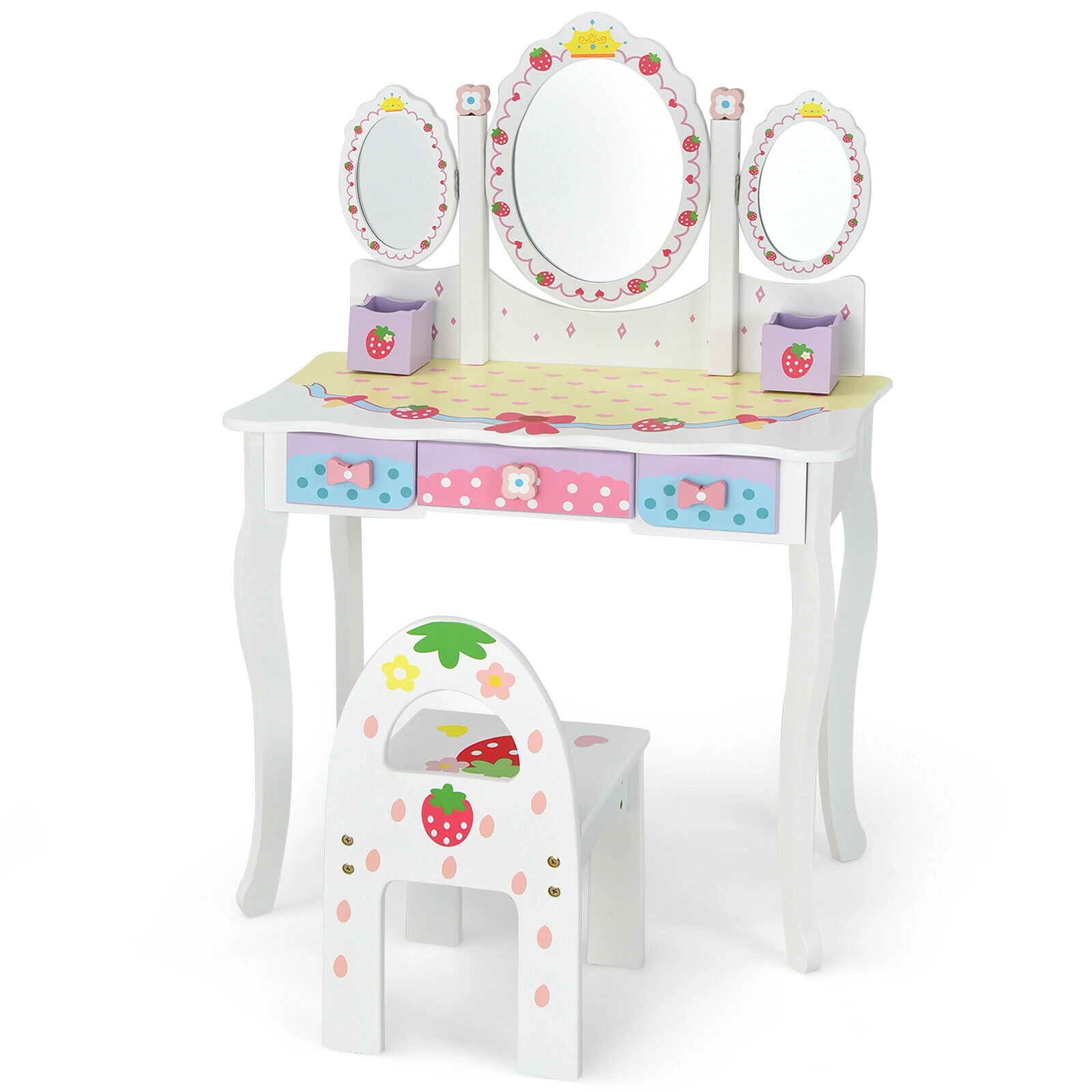 SUGIFT Kids Vanity Table and Chair Set, Tri-Fold Mirror, 3 Drawers, Detachable Top