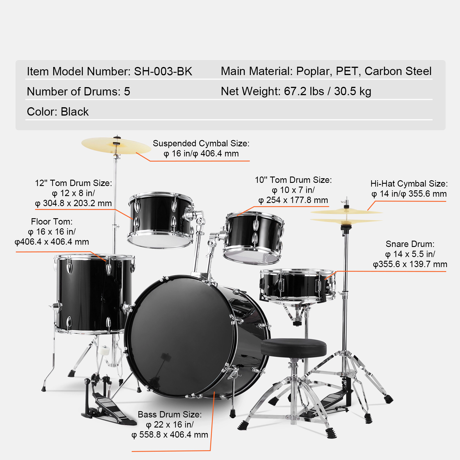 HONGGE Adult Drum Set 5-Piece 22 inches Complete Full Size Drum Kit with Bass Toms Snare Floor Drum Adjustable Throne