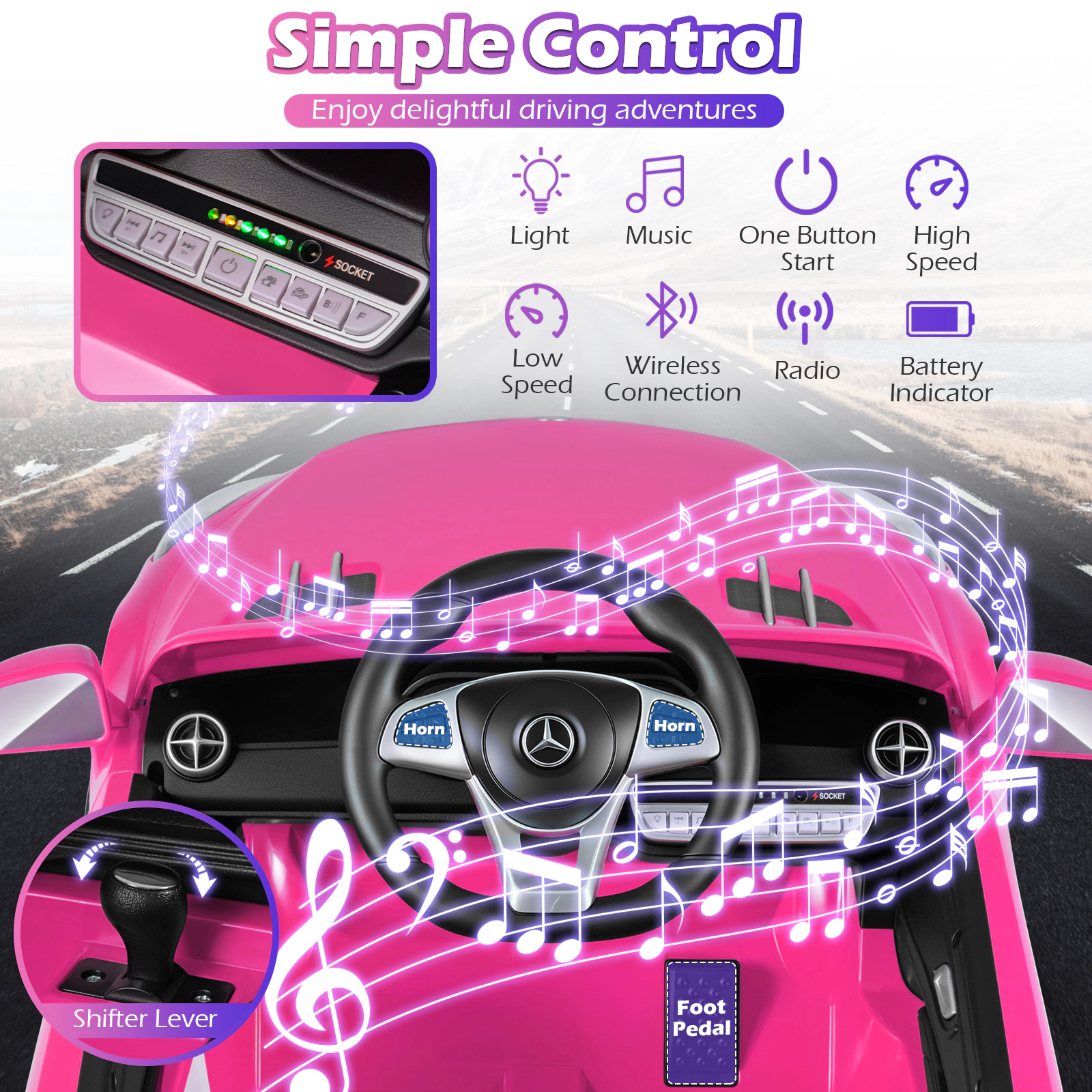 SUGIFT 12V Pink Kids Ride-On Car with Licensed Mercedes-Benz Body Remote Music and LED Lights 41-in W