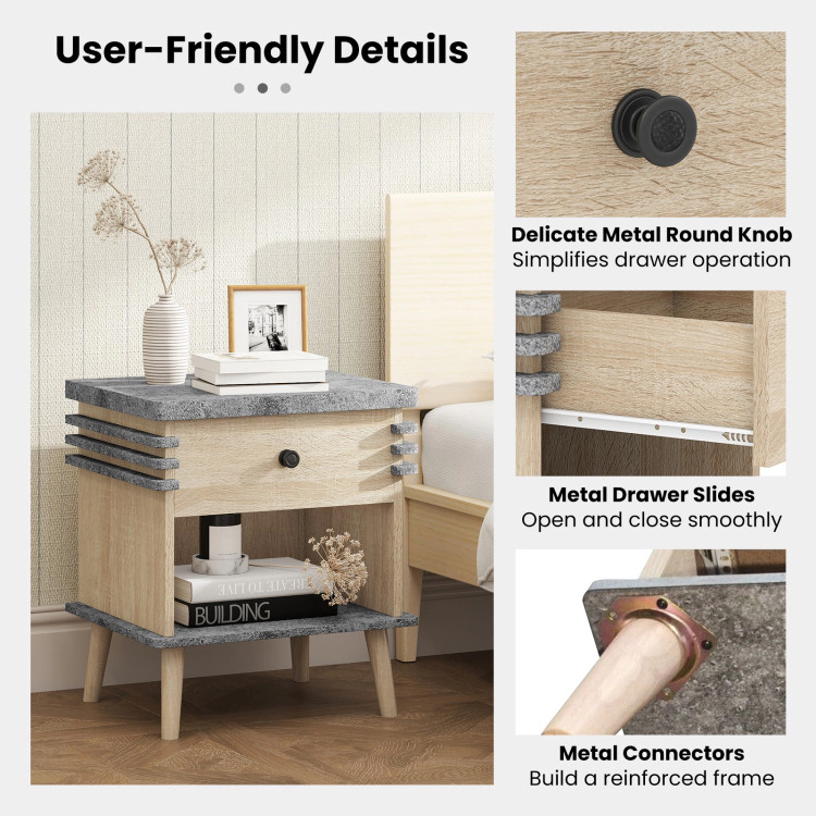 Hivvago 3-Tier Bedside Table Nightstand with  Faux Marble Top