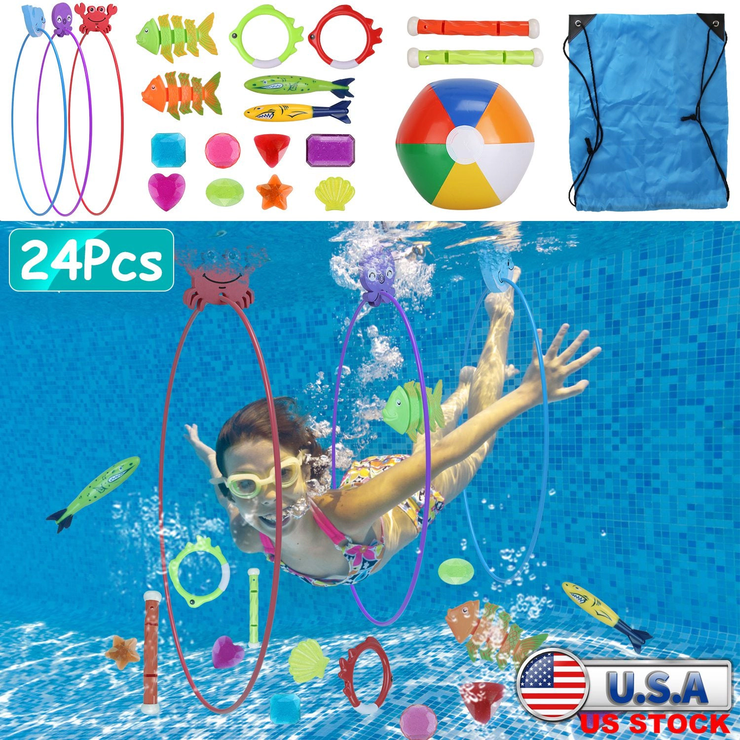 GBruno 24-Piece Swimming Pool Diving Toy Set