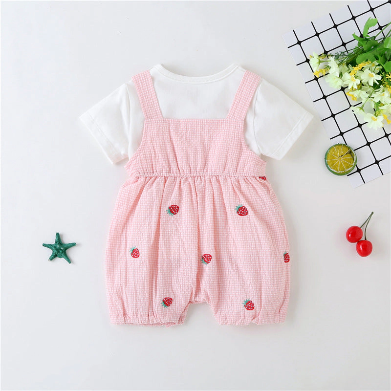 MyKids-USA Baby Girl Plaid Graphic Strawberries Embroidery Snap Button Jumpsuit & Solid Tee Sets