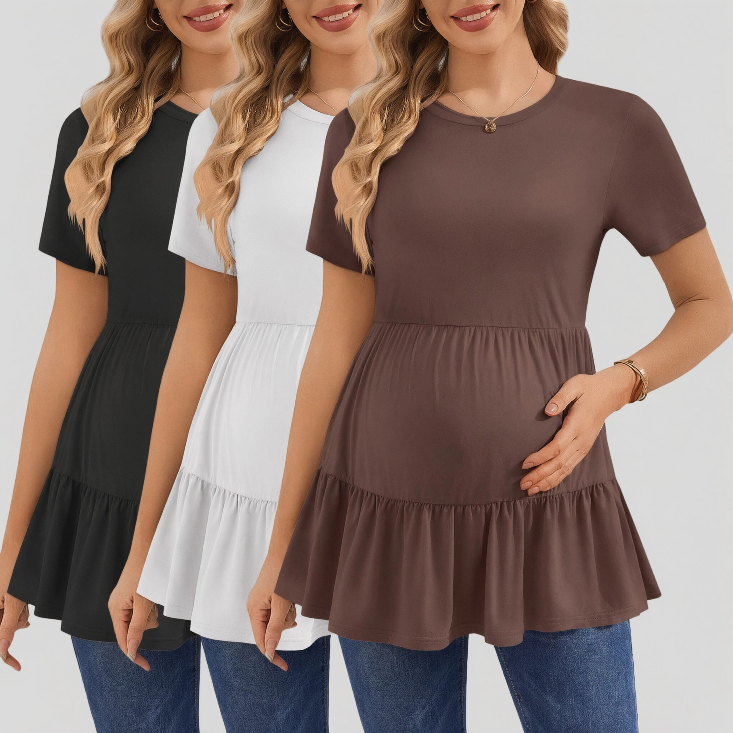 Ekouaer Women's Maternity Crew Neck Short Sleeve Ruffle Hem Tunic Top