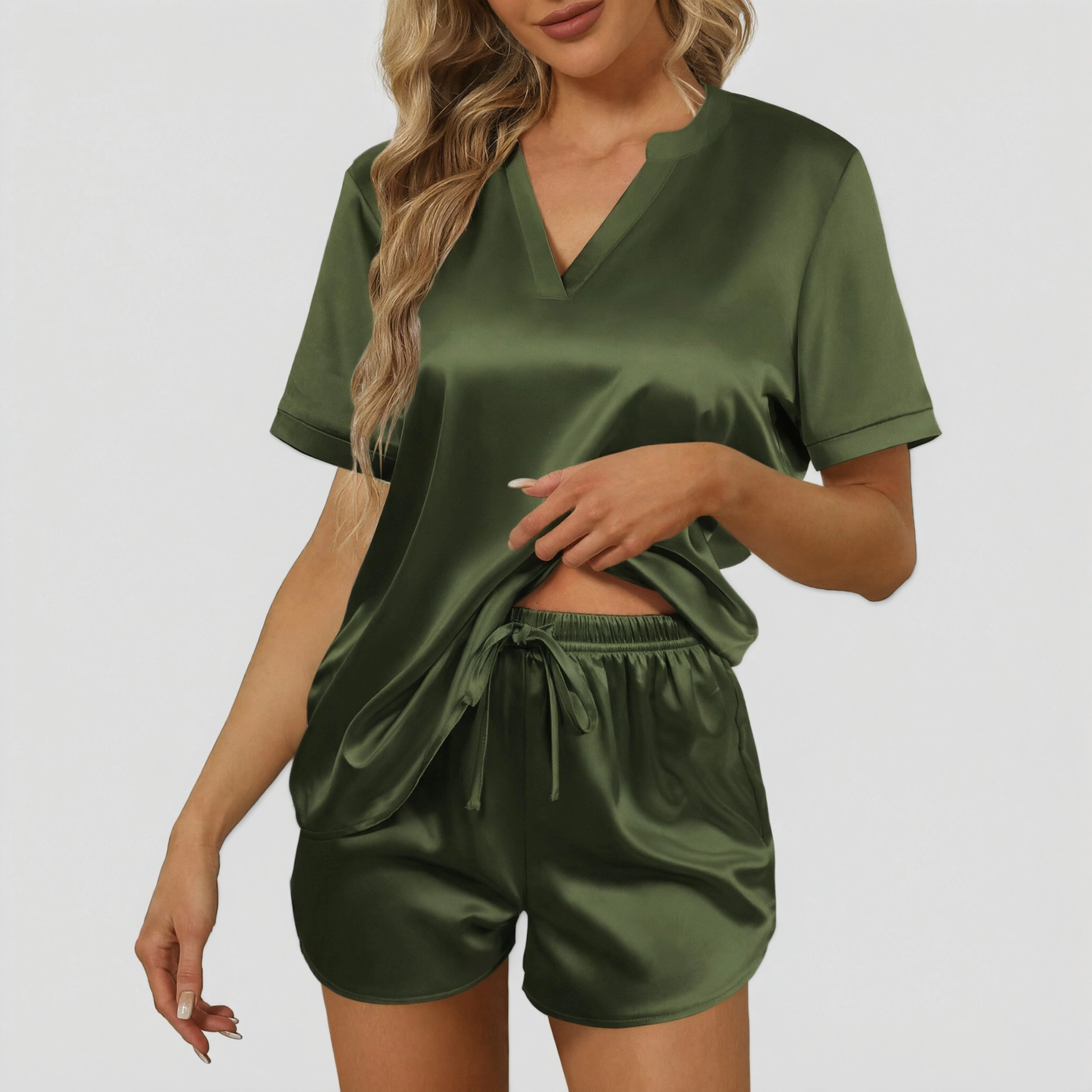 Ekouaer Silk Pajamas for Women Short Sleeve Sleepwear Two piece Pjs Set Soft V Neck Loungewear