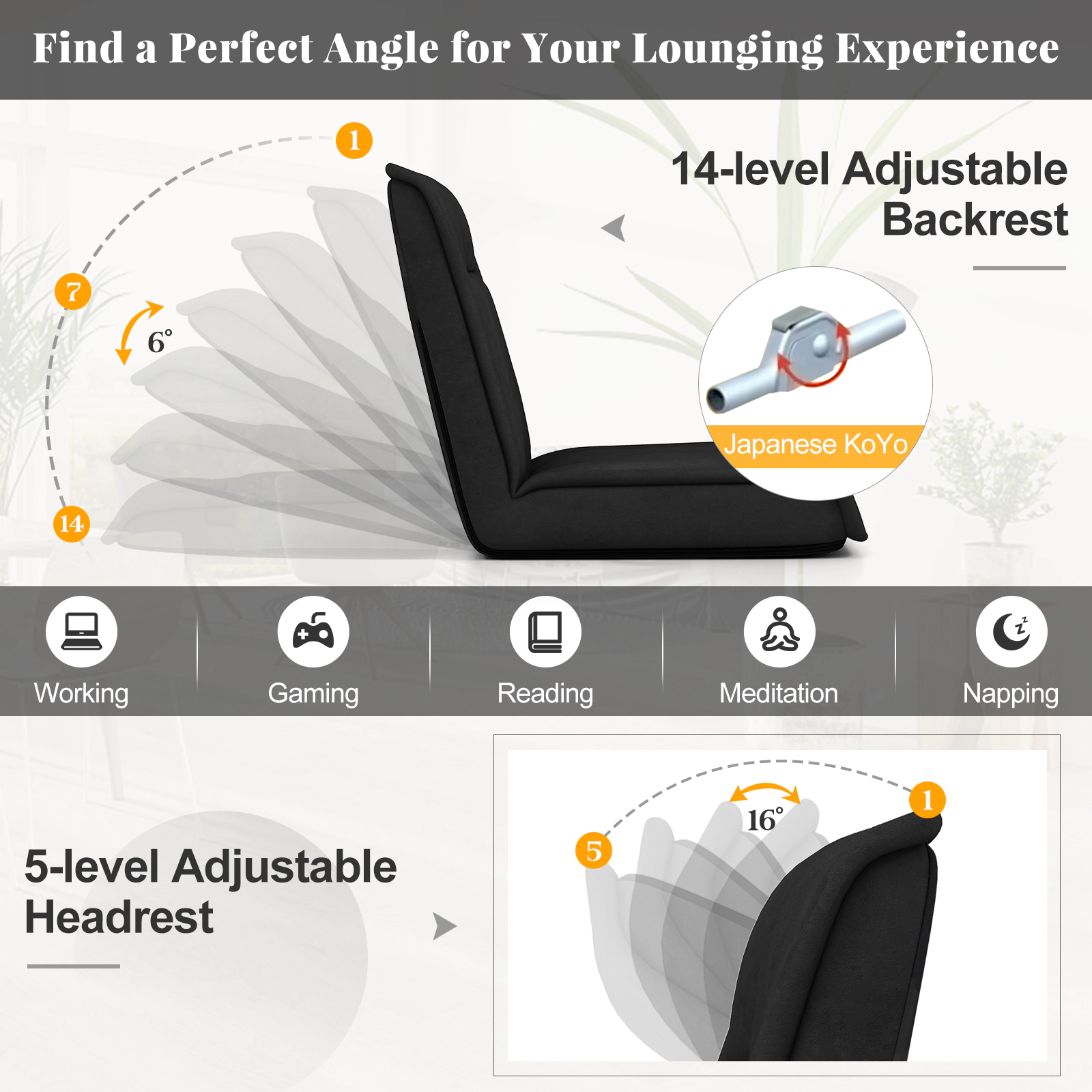 Hivvago Folding Floor Chair Convertible Lazy Chair with 14-Poistion Adjustable Backrest