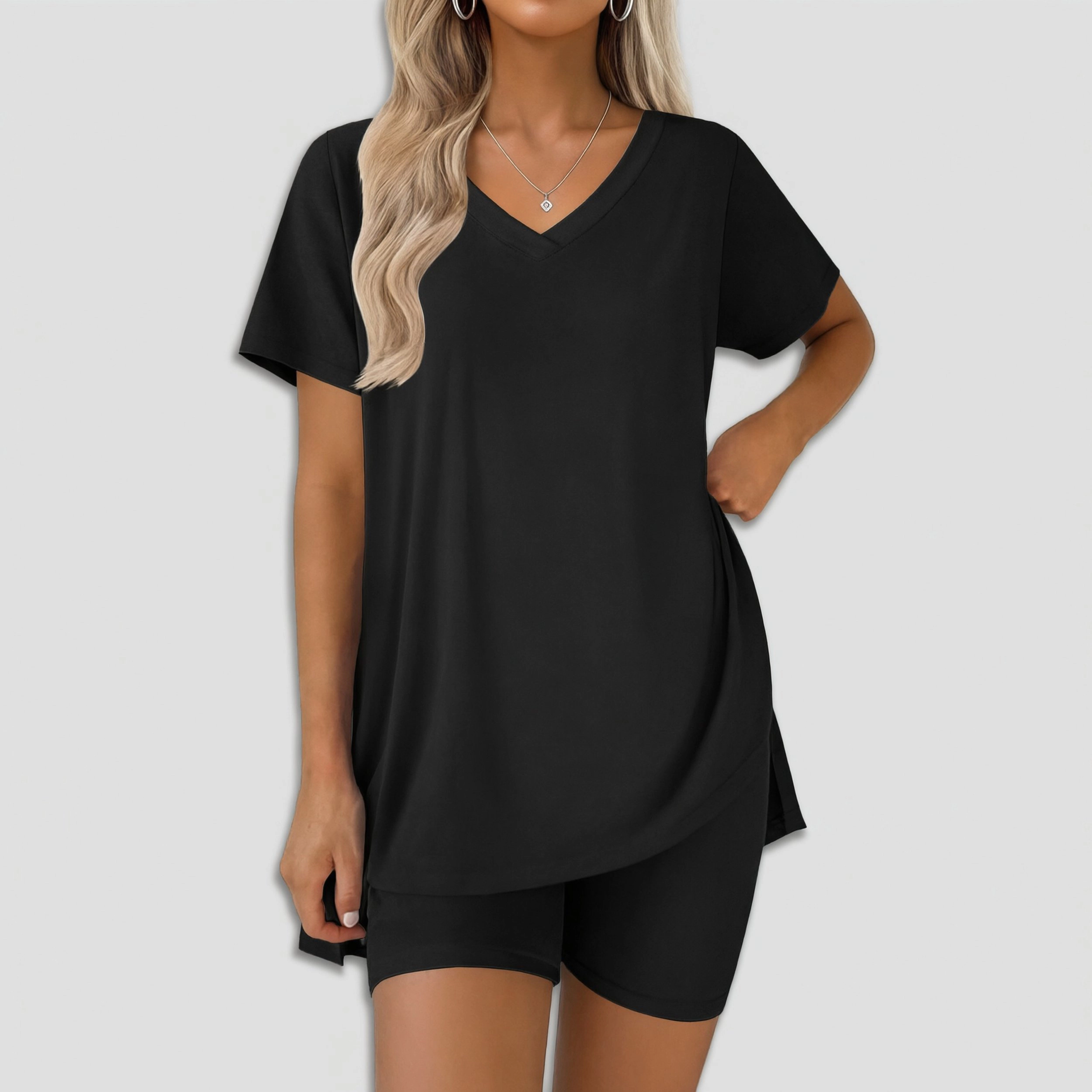 Ekouaer Women's V Neck Short Sleeve Tunic Top with Shorts Set