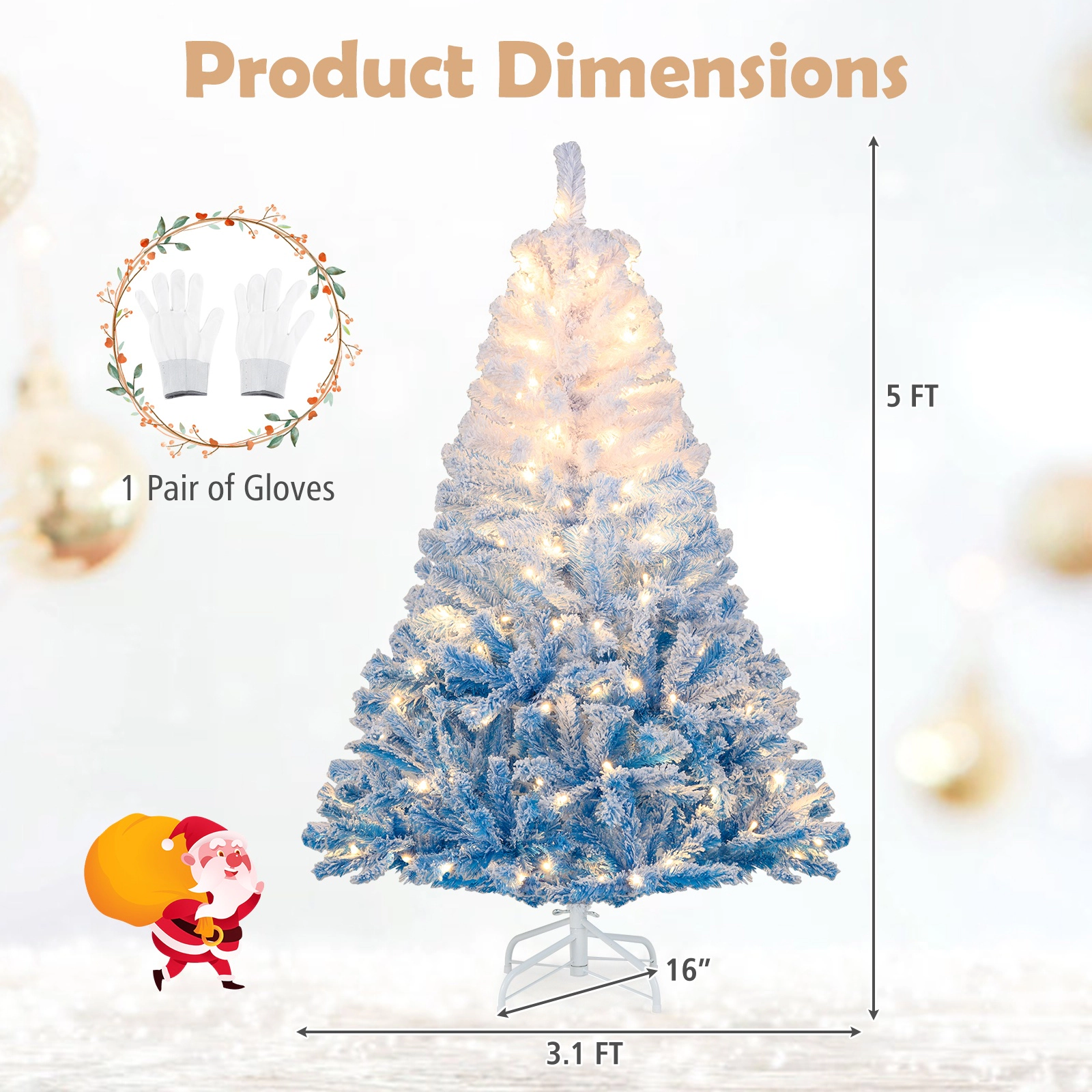 SUGIFT Gradient Flocked 5-ft Artificial Christmas Tree with Warm White LED Lights and 8 Modes White to Blue