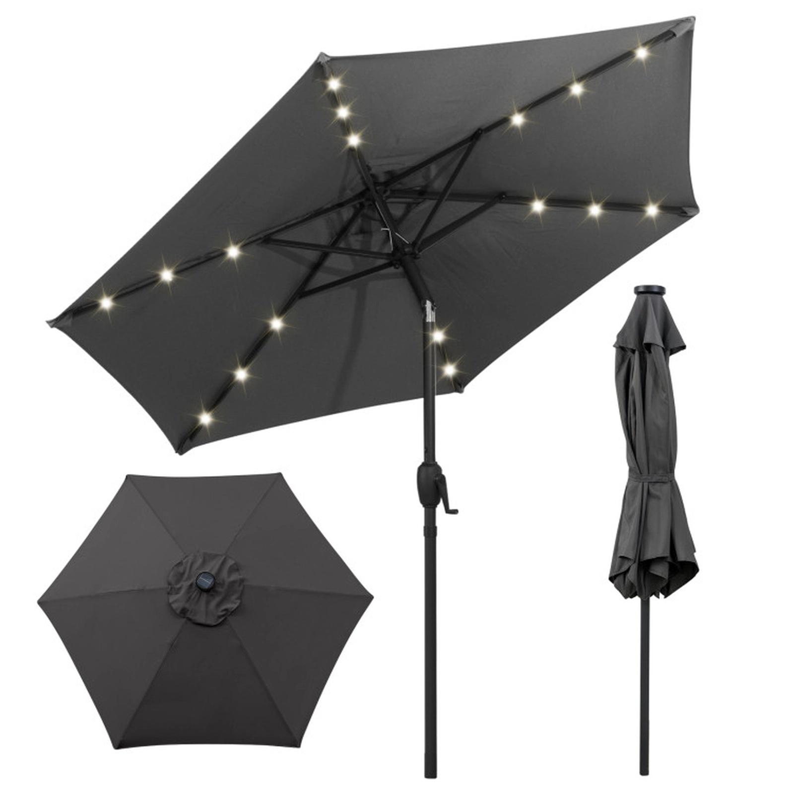 SUGIFT Solar Powered Patio Umbrella with 18 LED Lights and Crank Handle 7.5-ft Metal Polyester Frame Gray