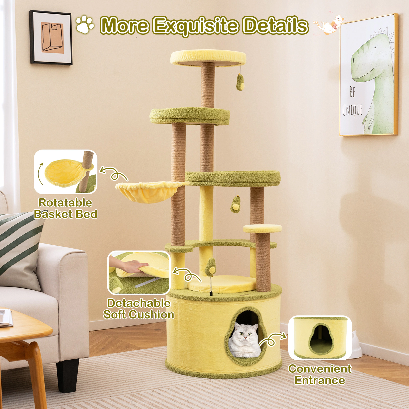 Glintex 62.5-Inch Avocado Cat Tower with 2-in-1 Base and Rotatable Basket, Green