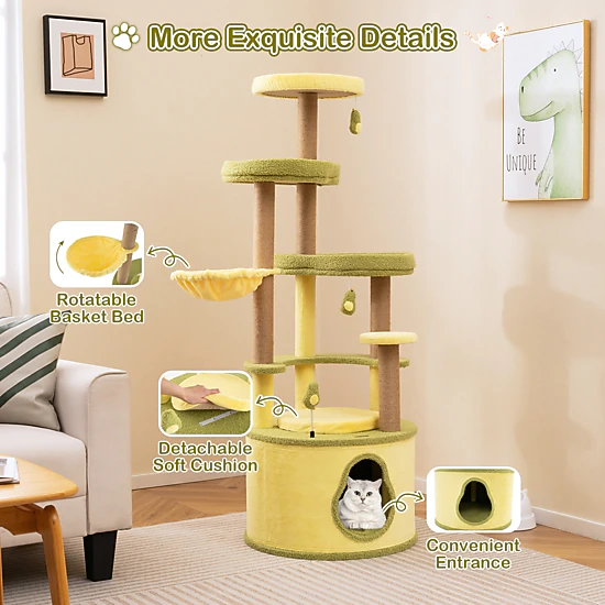 Glintex 62.5-Inch Avocado Cat Tower with 2-in-1 Base and Rotatable Basket, Green