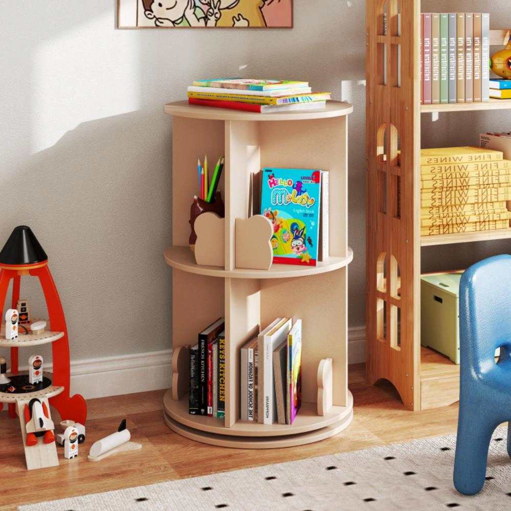 Hivvago 2 Tier Freestanding Kids Rotating Bookshelf Storage Rack with Bear Baffles