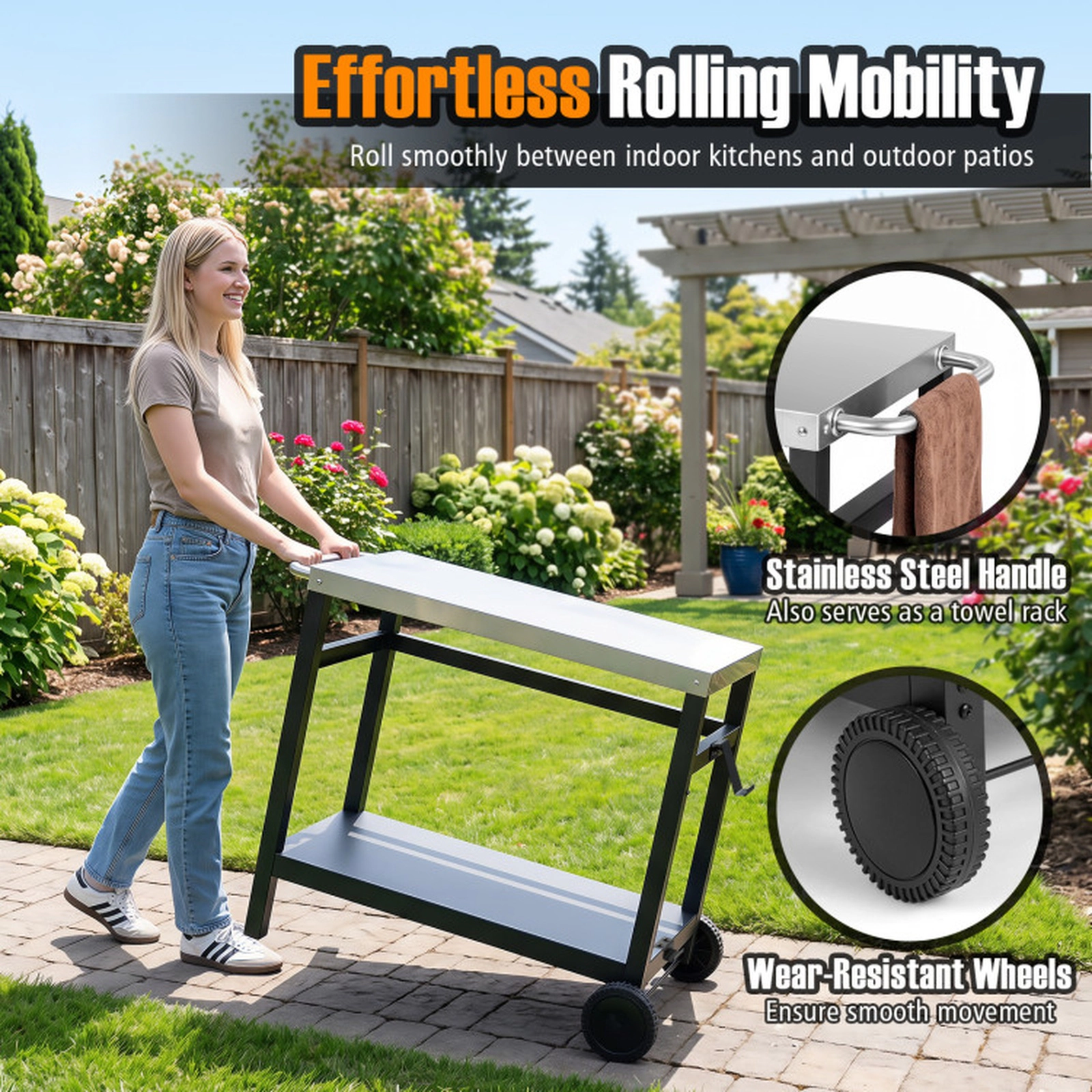 SUGIFT Black Double Shelf Grill Cart Table with Stainless Steel Top 35.5-in W 23.5-in D 200-lb Tabletop Capacity