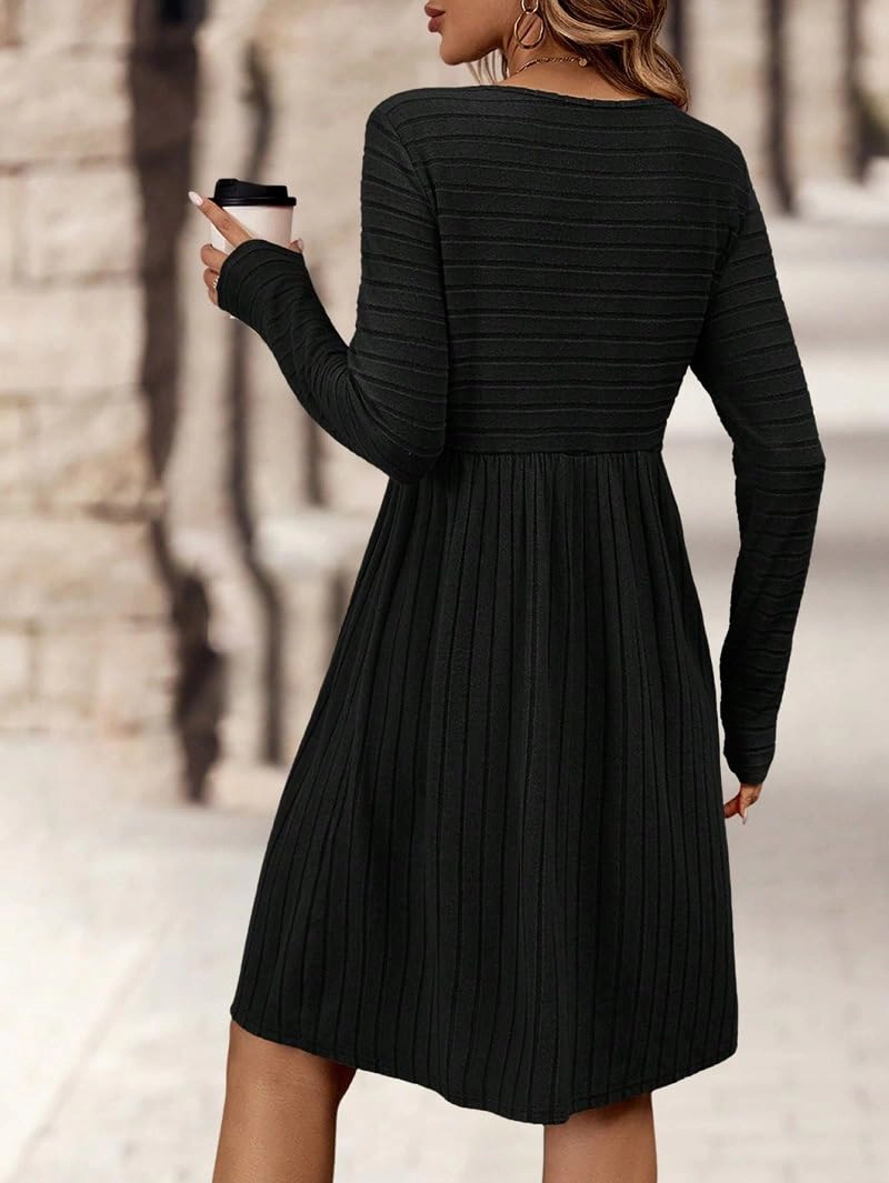 KOJOOIN Women's Swing Dress Long Sleeve Textured Knit High Waist A‑Line Knee Length Sweater Dresses