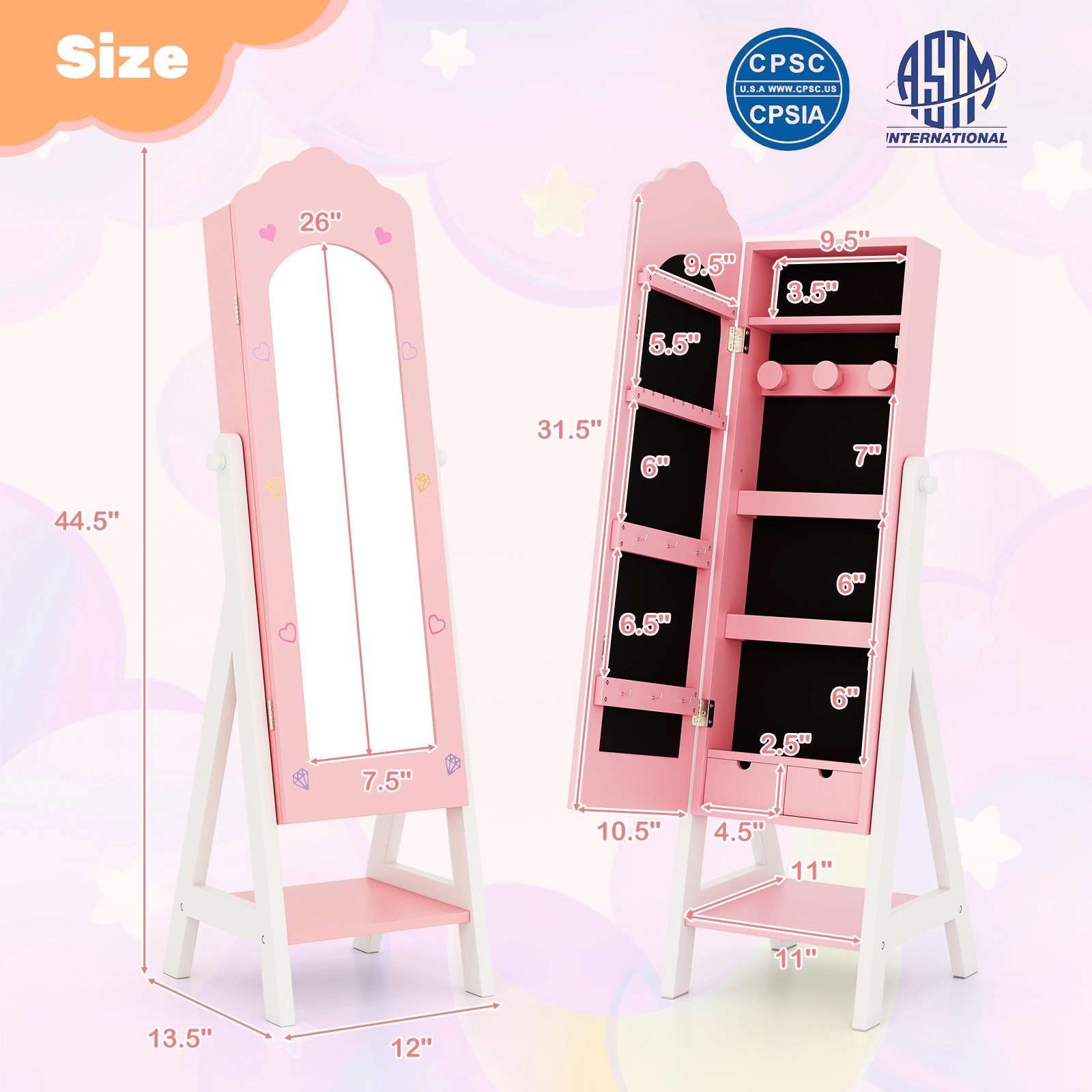 SUGIFT 2-Piece Kids Vanity Table and Stool with Jewelry Armoire Cabinet 88-lb Stool Capacity Pink