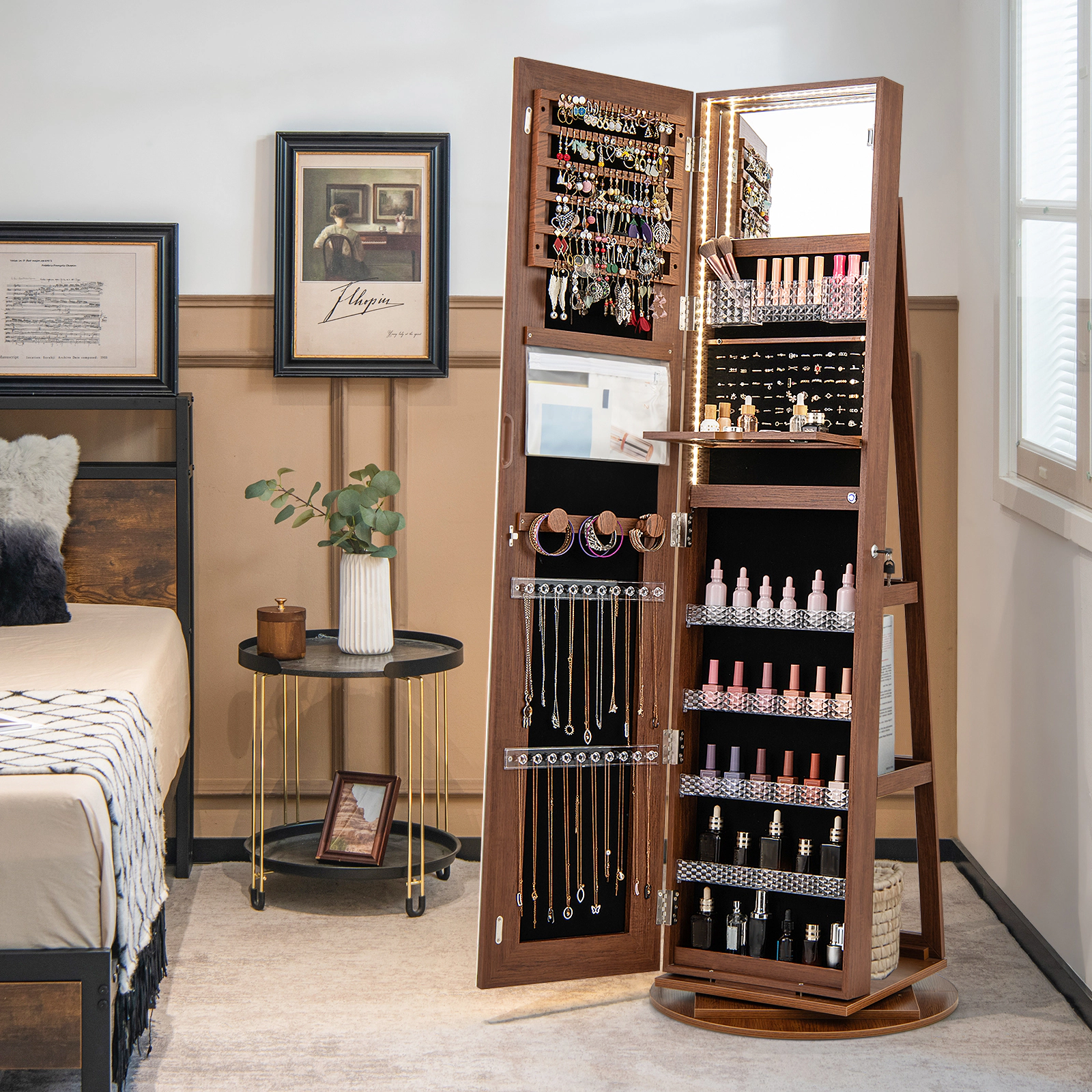 SUGIFT Brown 4-in-1 Rotating Standing Jewelry Armoire Vanity Desk Mirror with Foldable Makeup Shelf