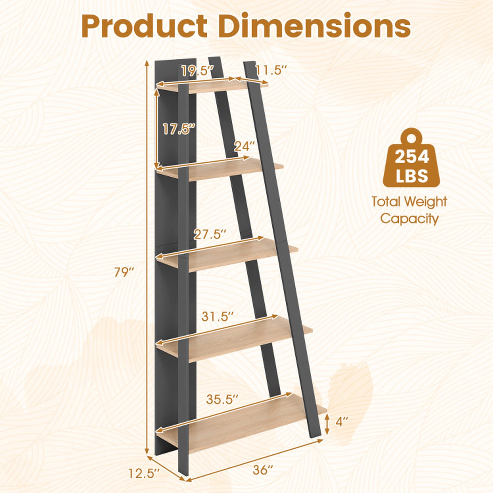 SUGIFT 5-Tier Modern Narrow Vertical Bookshelf 254-lb Total Capacity Engineered Wood 36-in Wide Gray + Natural/White