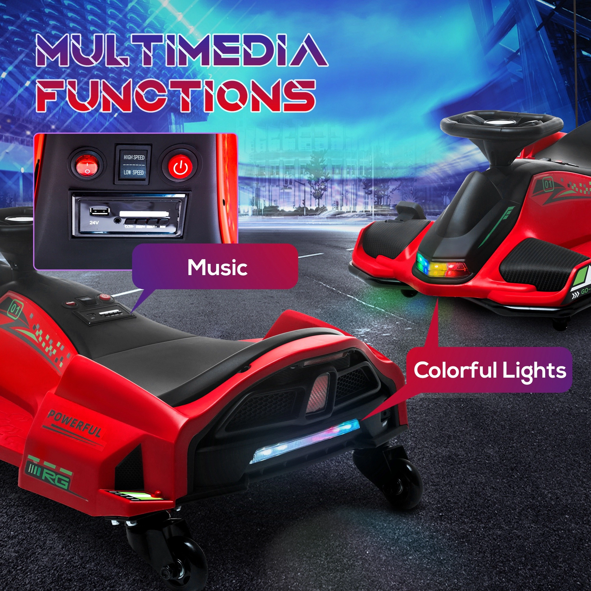 HONGGE 12V Electric Drift Go Kart for Kids with Music, Lights & Slow-Start Technology, Red