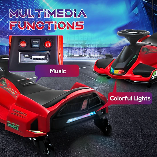HONGGE 12V Electric Drift Go Kart for Kids with Music, Lights & Slow-Start Technology, Red