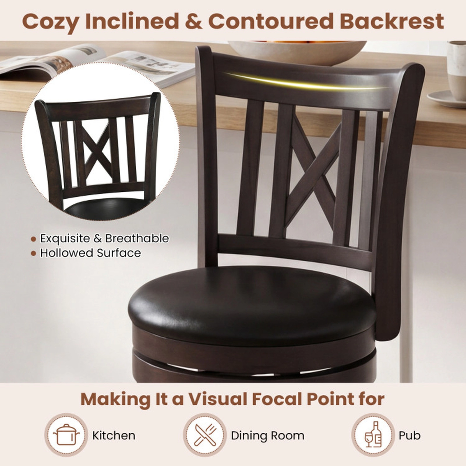 SUGIFT Dark Chocolate Hollowed Backrest and Footrest Set of 4 Swivel Bar Stools