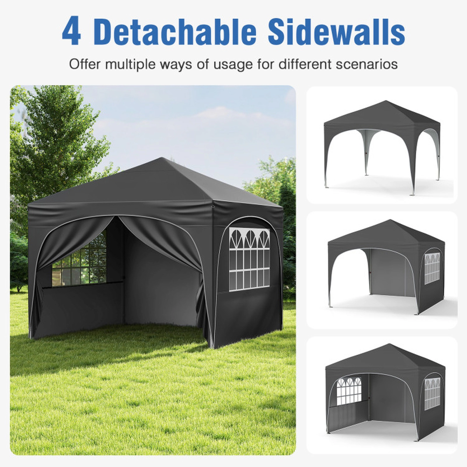 SUGIFT Gray Pop Up Canopy Tent with 4 Detachable Sidewalls Wheeled Bag and 4 Sandbags 10-ft W 10-ft D 9.4-ft H