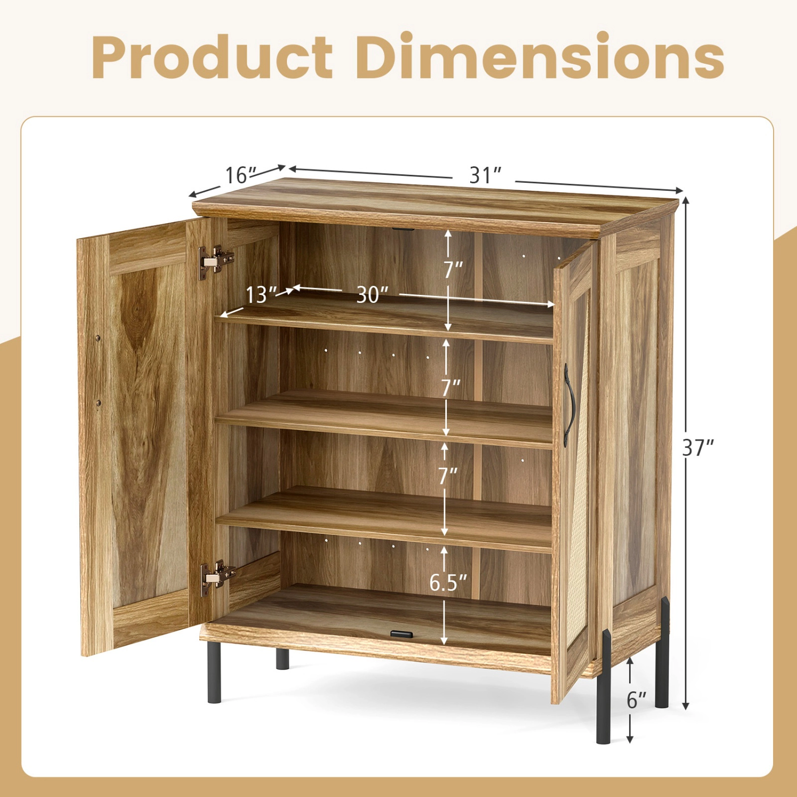 SUGIFT 5-Tier Farmhouse Shoe Cabinet with Woven Rattan Doors 110-lb Countertop Capacity 11-lb Shelf Capacity Natural