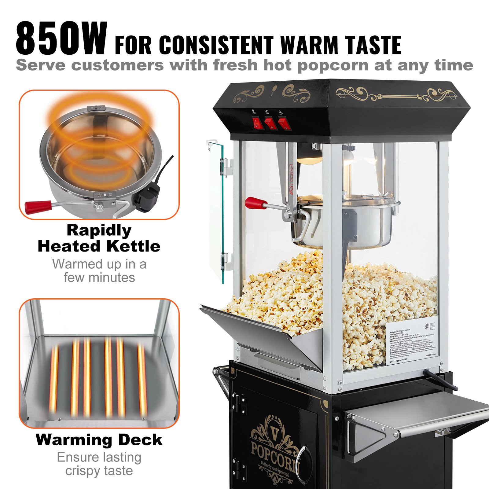 HONGGE Popcorn Maker with Cart 850W Popper Machine 8 Oz Kettle Makes 48 Cups per Batch Equipped