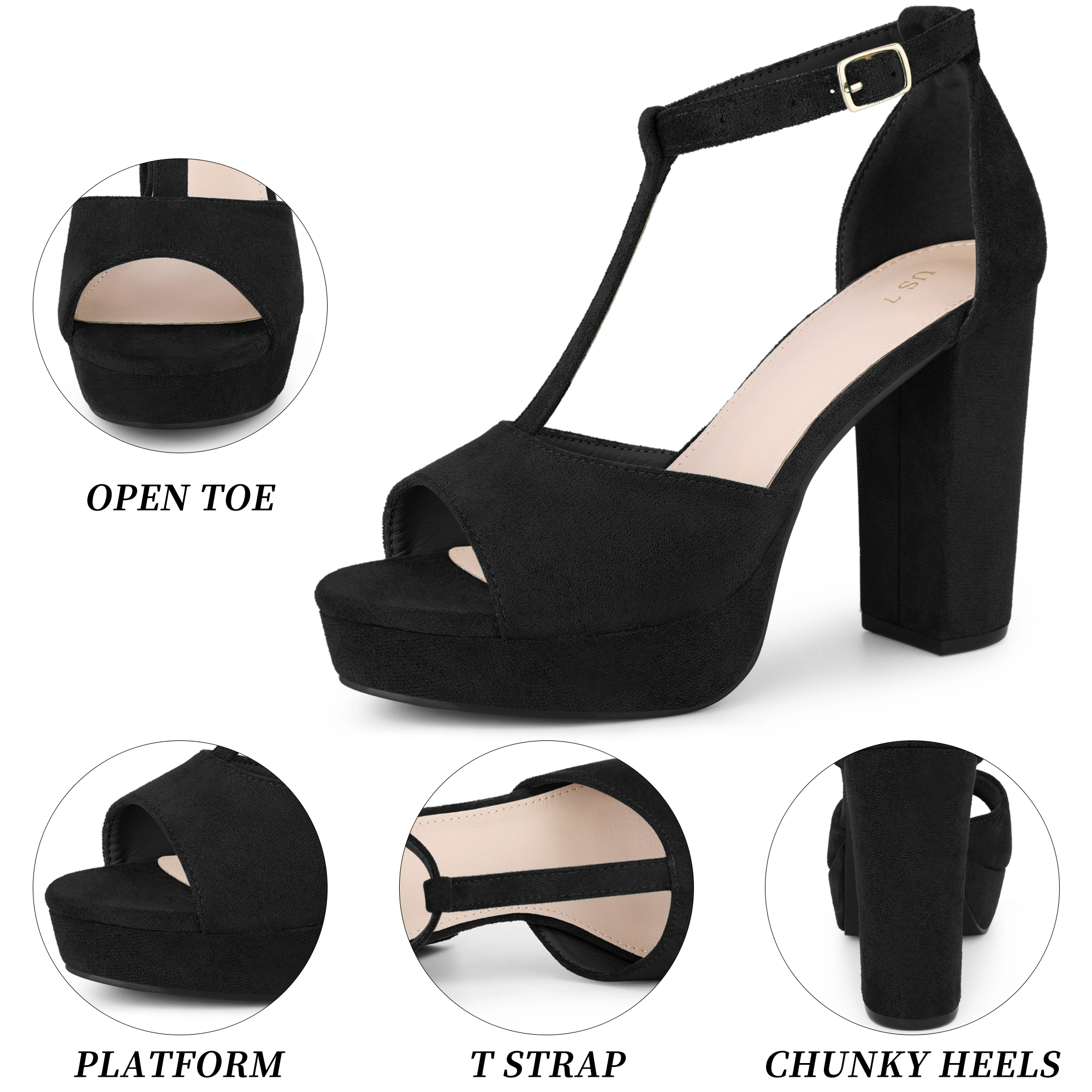 BLISSFUL STEP Women's T-Strap Platform Chunky High Heel Sandals