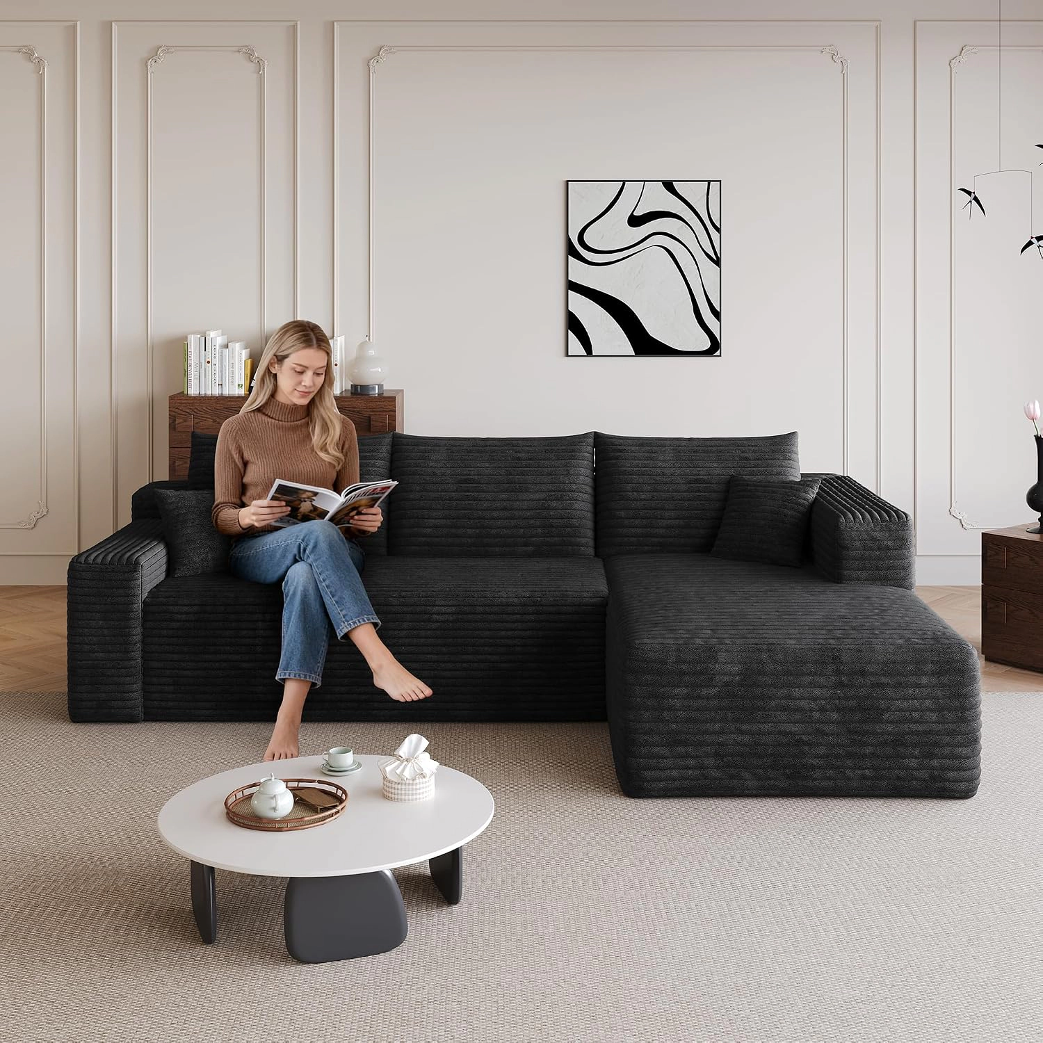 RENDGO 96 Balck Corduroy Boneless L Shaped Modular Sectional Couch for Living Room No Assembly Required