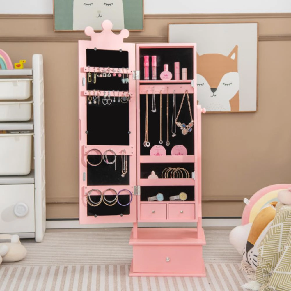 Hivvago 2-In-1 Kids Play Jewelry Armoire With Full Length Mirror And Drawers