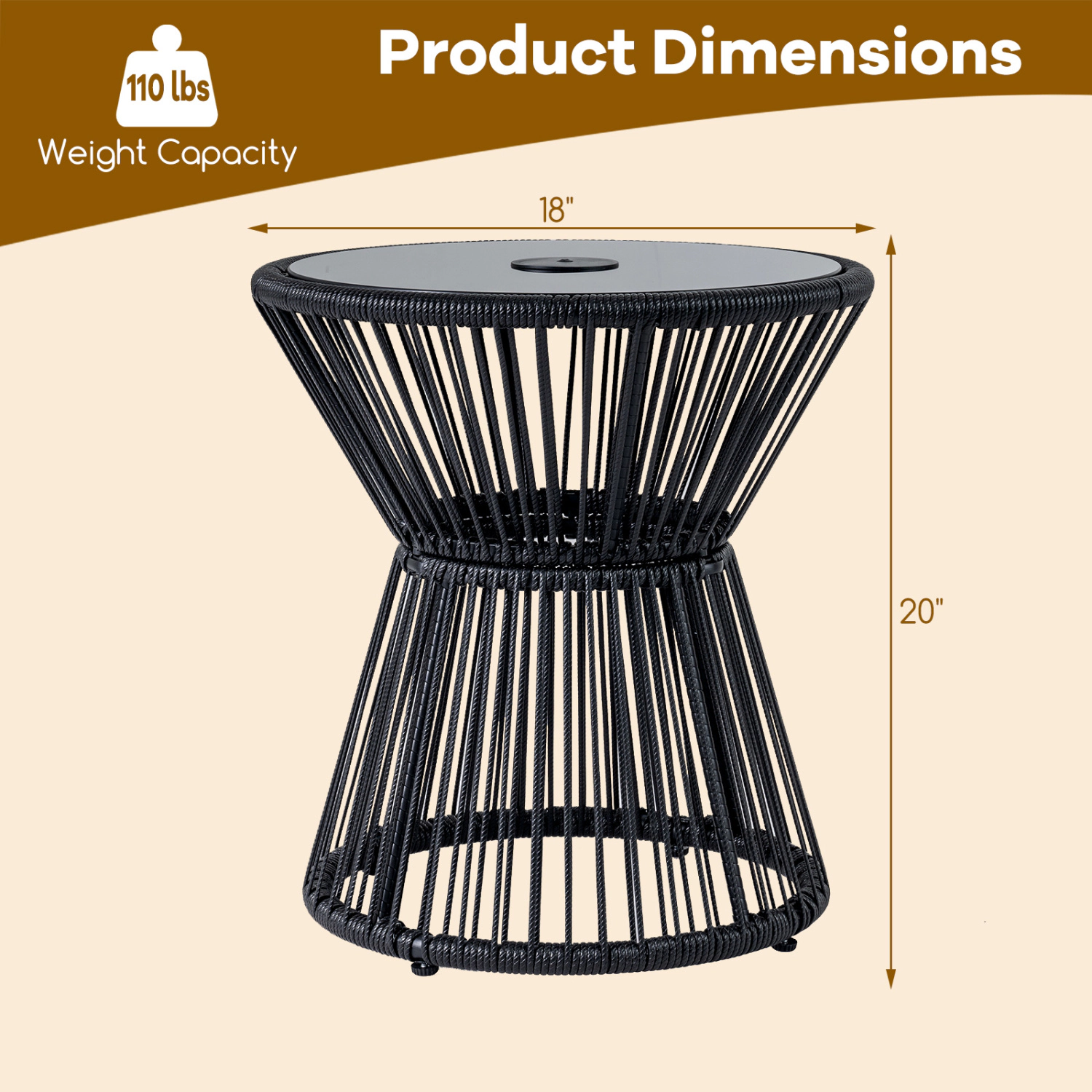 Hivvago Outdoor Side Table With Led Warm Light And Tempered Glass Top