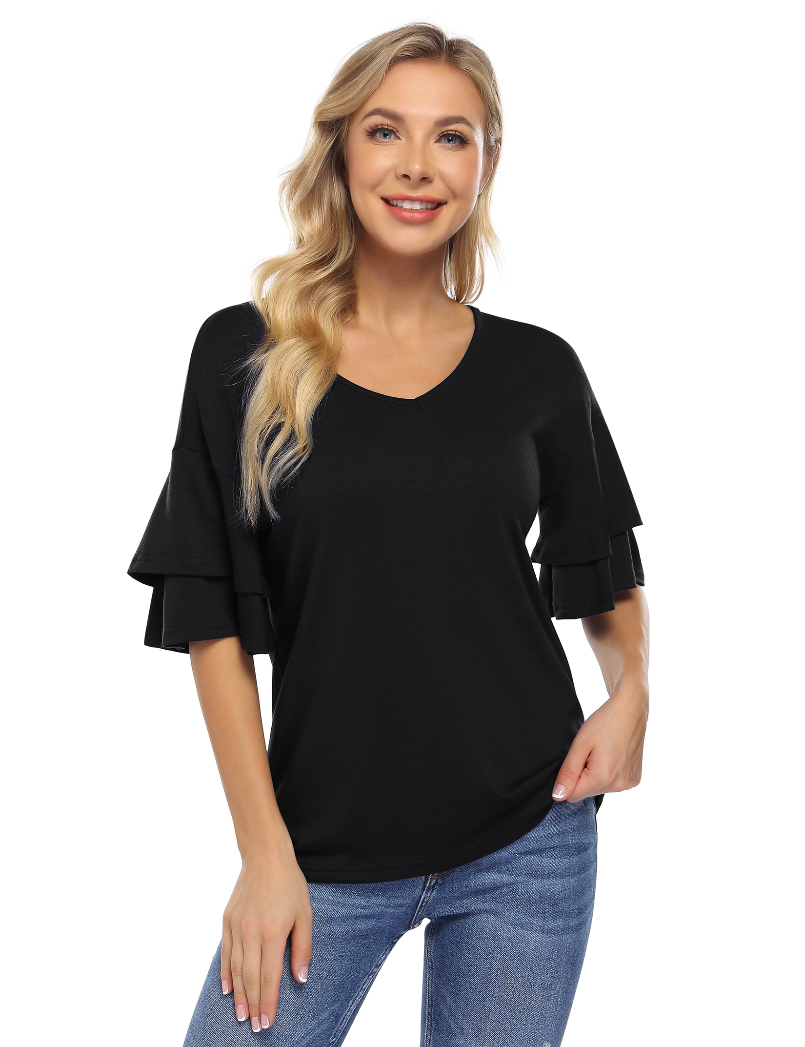 KOJOOIN Women V Neck Tunic Tops Double Tier Ruffle Short Sleeve T-Shirts Dressy Casual Blouse Basic Tee