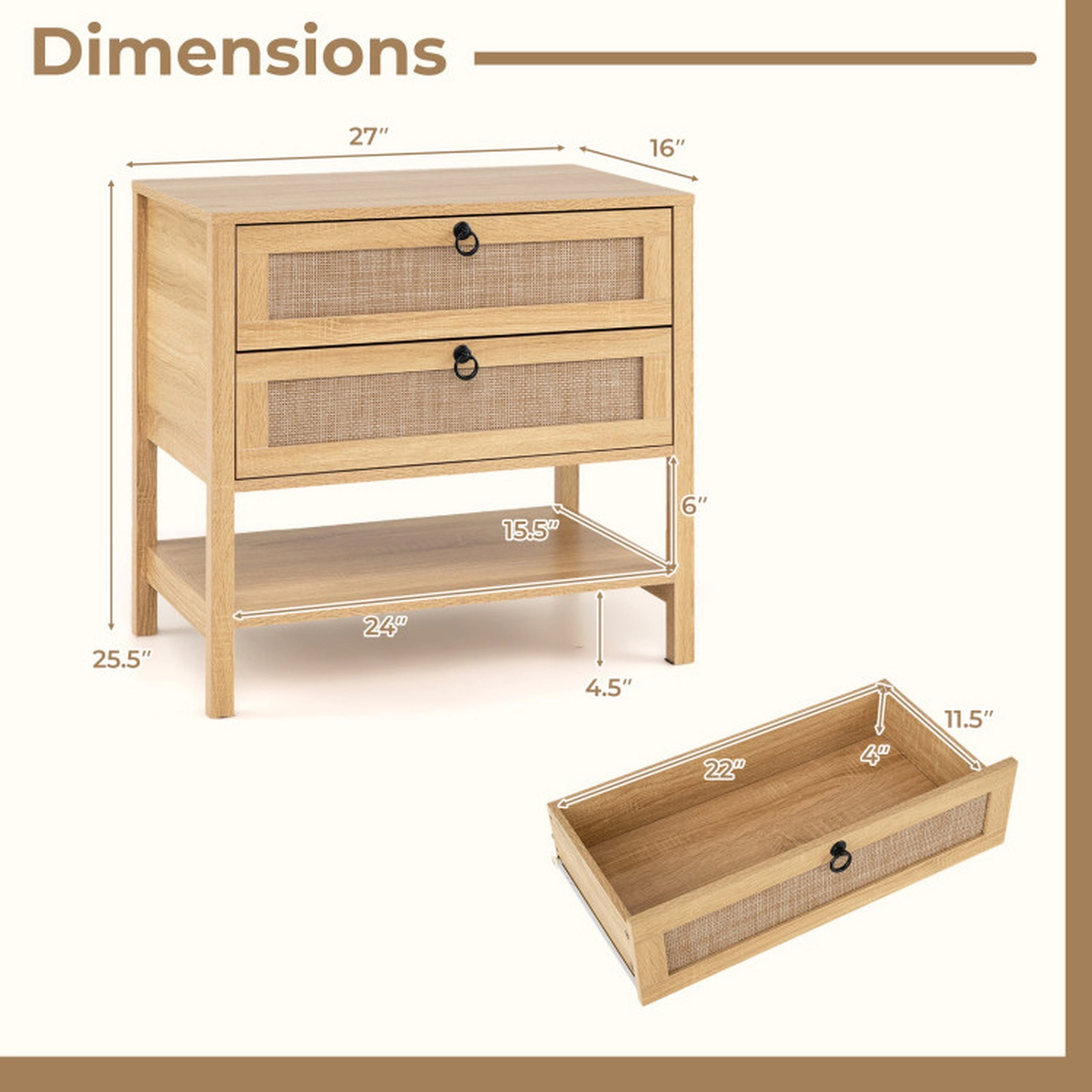 SUGIFT 27-Inch Whitewashed Oak Boho Rattan Nightstand with 2 Drawers and Open Shelf